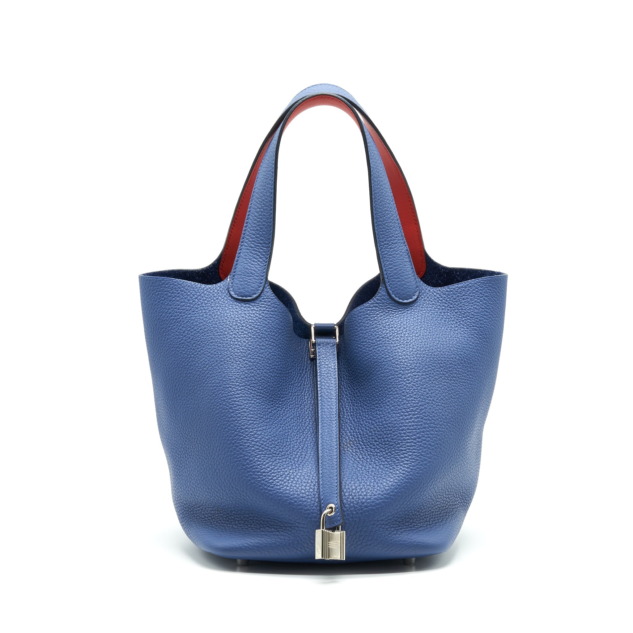 HERMES PICOTIN 22 BLUE WITH ORANGE HANDLE