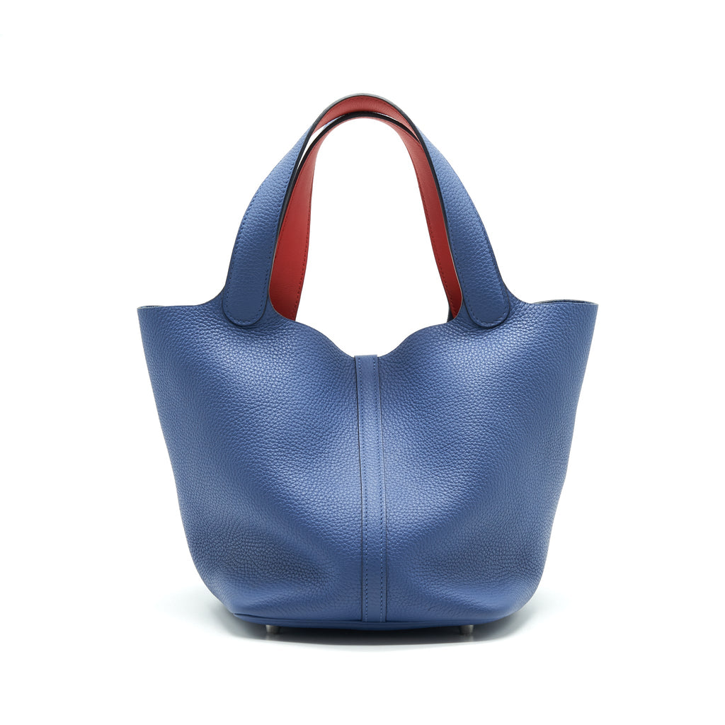 HERMES PICOTIN 22 BLUE WITH ORANGE HANDLE