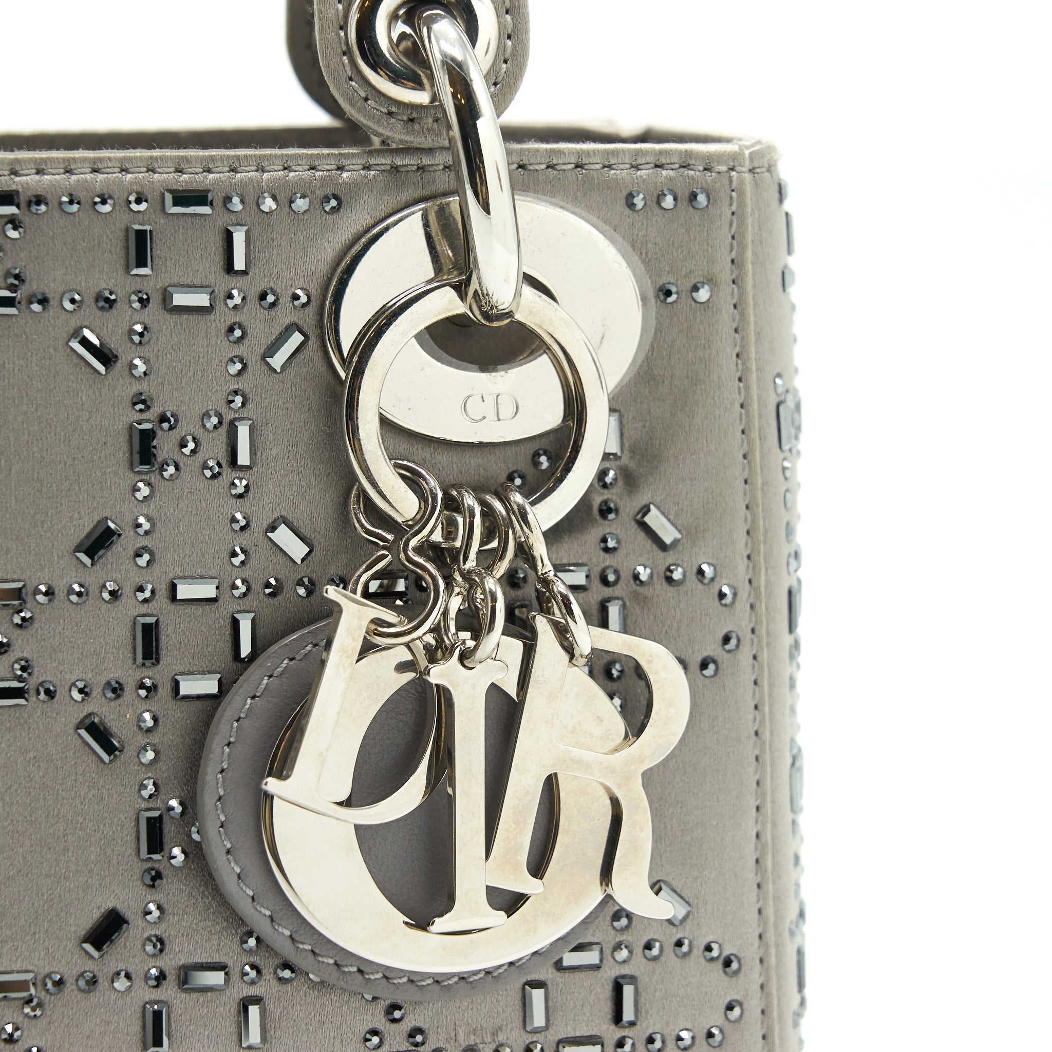 CHRISTIAN DIOR SATIN CRYSTAL CANNAGE MINI LADY DIOR GRAY