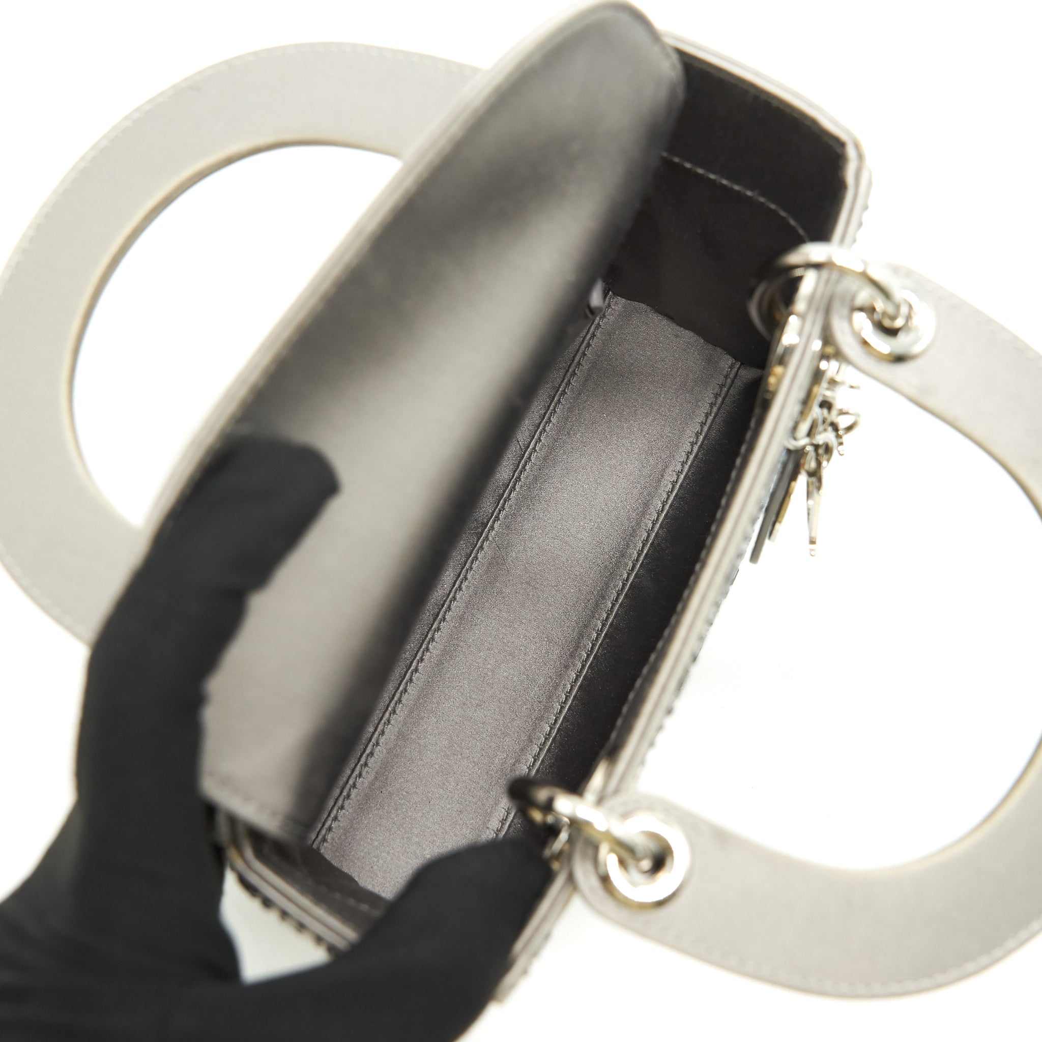 CHRISTIAN DIOR SATIN CRYSTAL CANNAGE MINI LADY DIOR GRAY