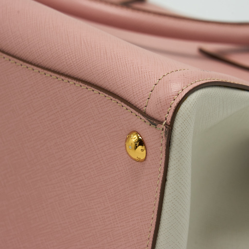 PRADA TOP HANDLE SAFFIANO TOTE BAG CALFSKIN PINK/ WHITE GHW