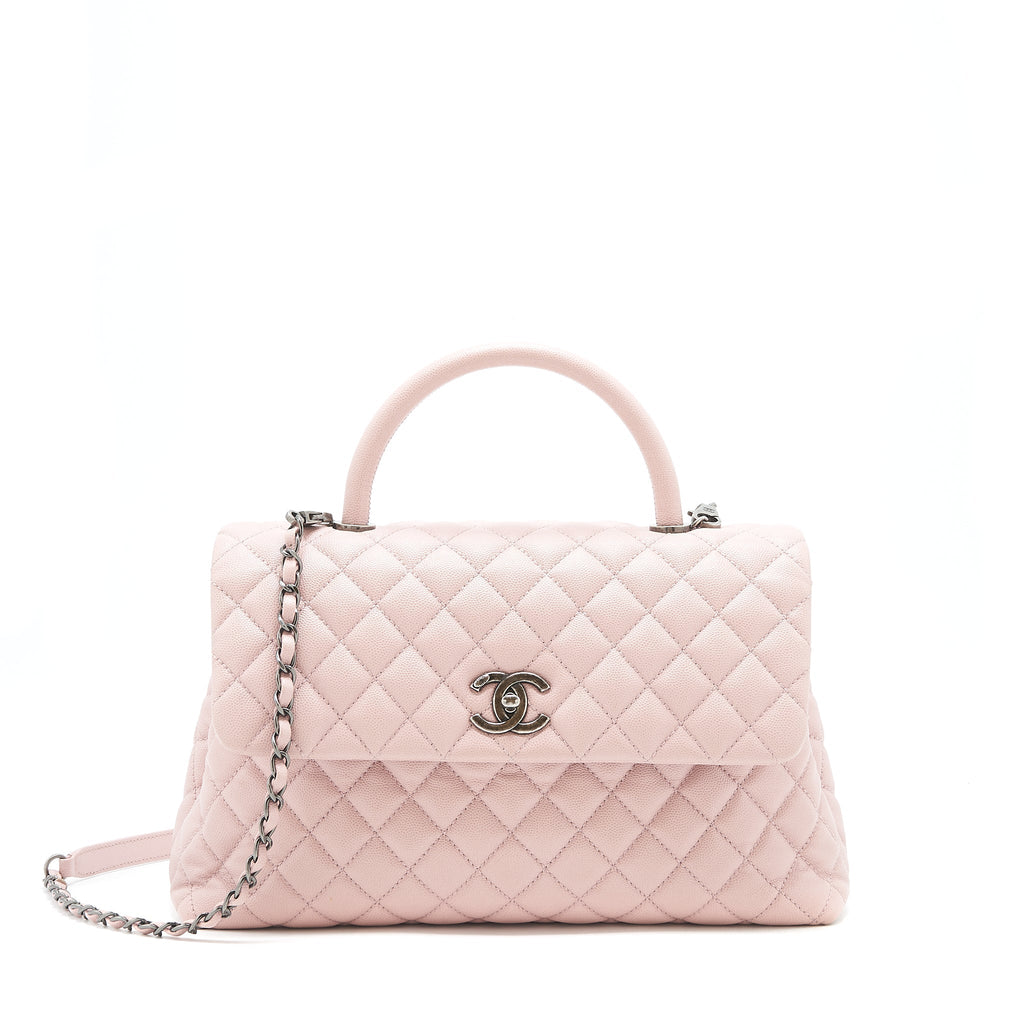 CHANEL LARGE COCO HANDLE FLAP BAG CAVIAR LIGHT PINK RUTHENIUM HARDWARE