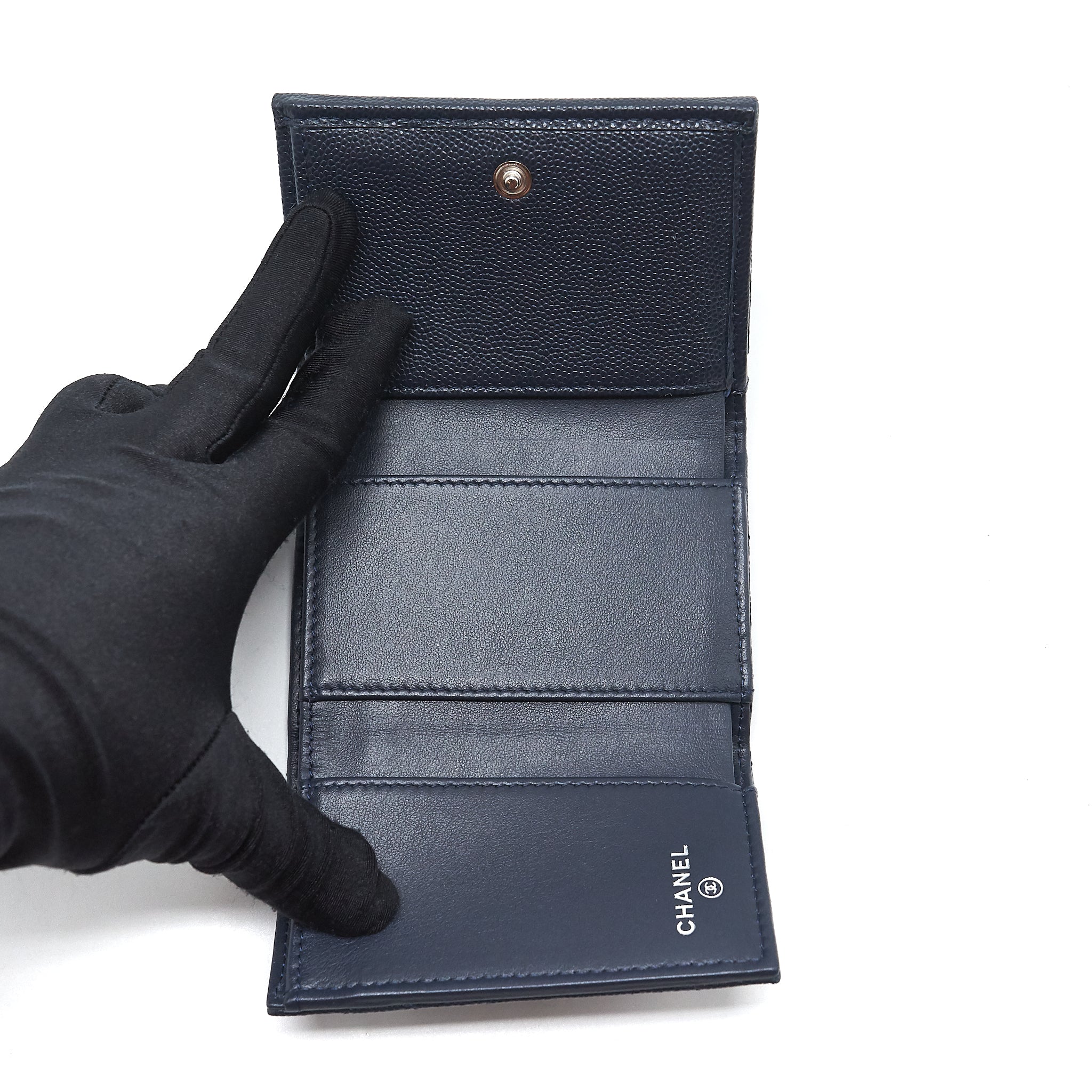 CHANEL SMALL COMPACT WALLET CAVIAR LEATHER INDIGO SHW