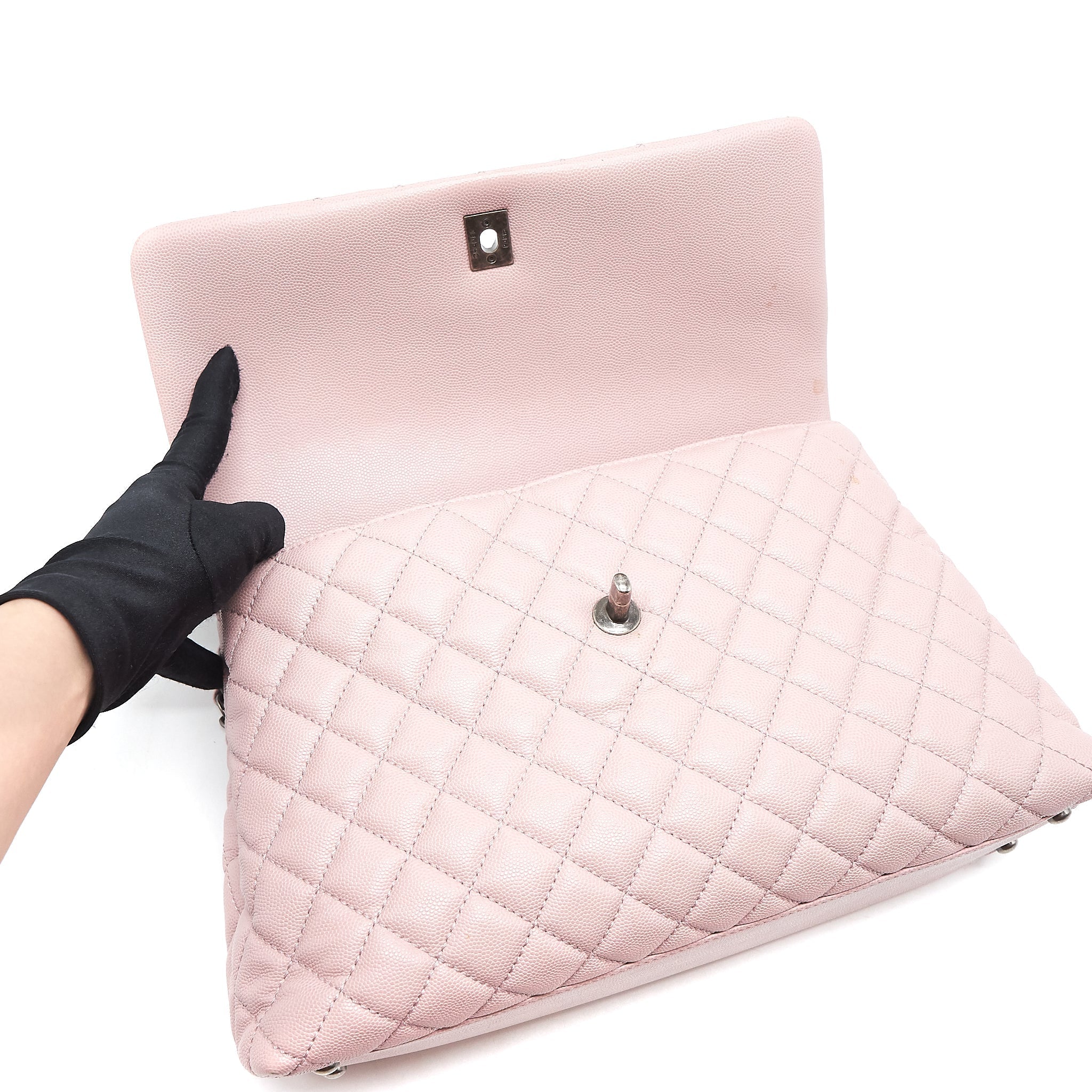CHANEL LARGE COCO HANDLE FLAP BAG CAVIAR LIGHT PINK RUTHENIUM HARDWARE