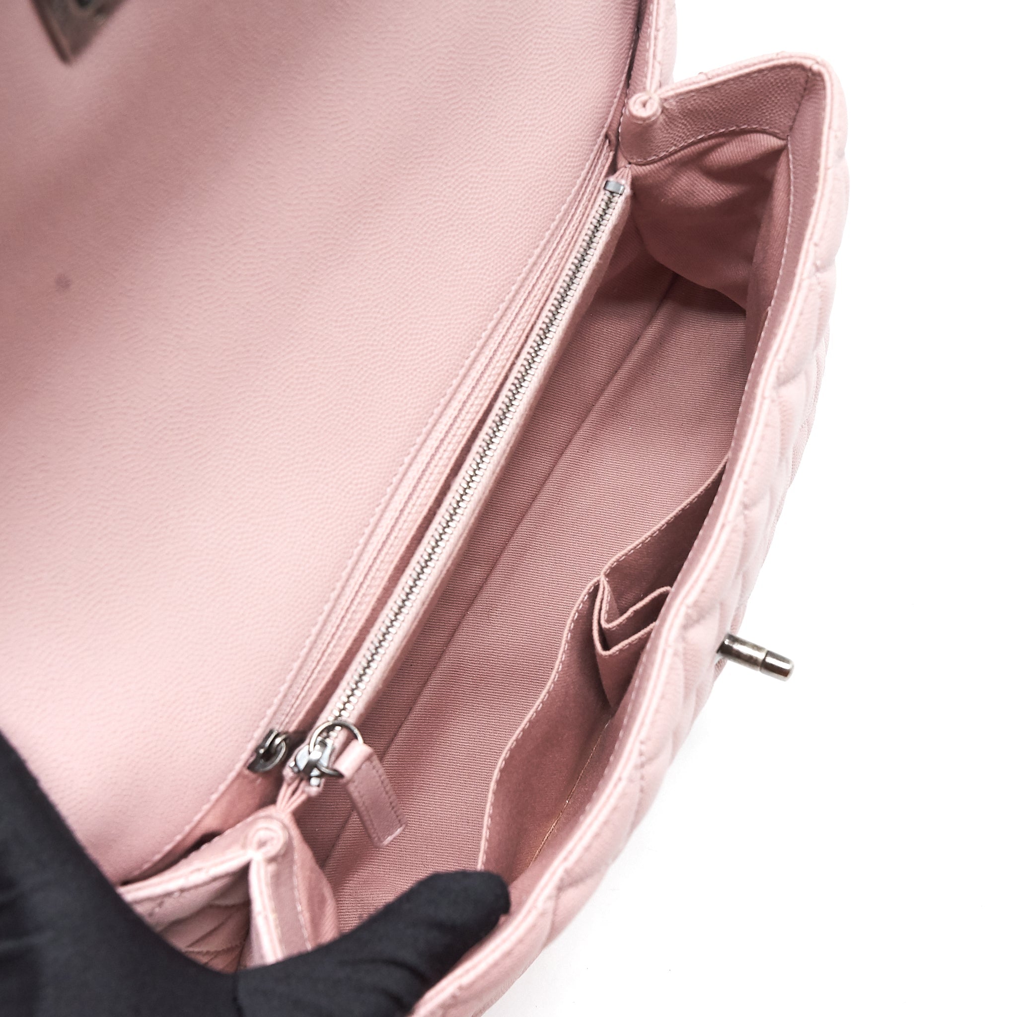 CHANEL LARGE COCO HANDLE FLAP BAG CAVIAR LIGHT PINK RUTHENIUM HARDWARE