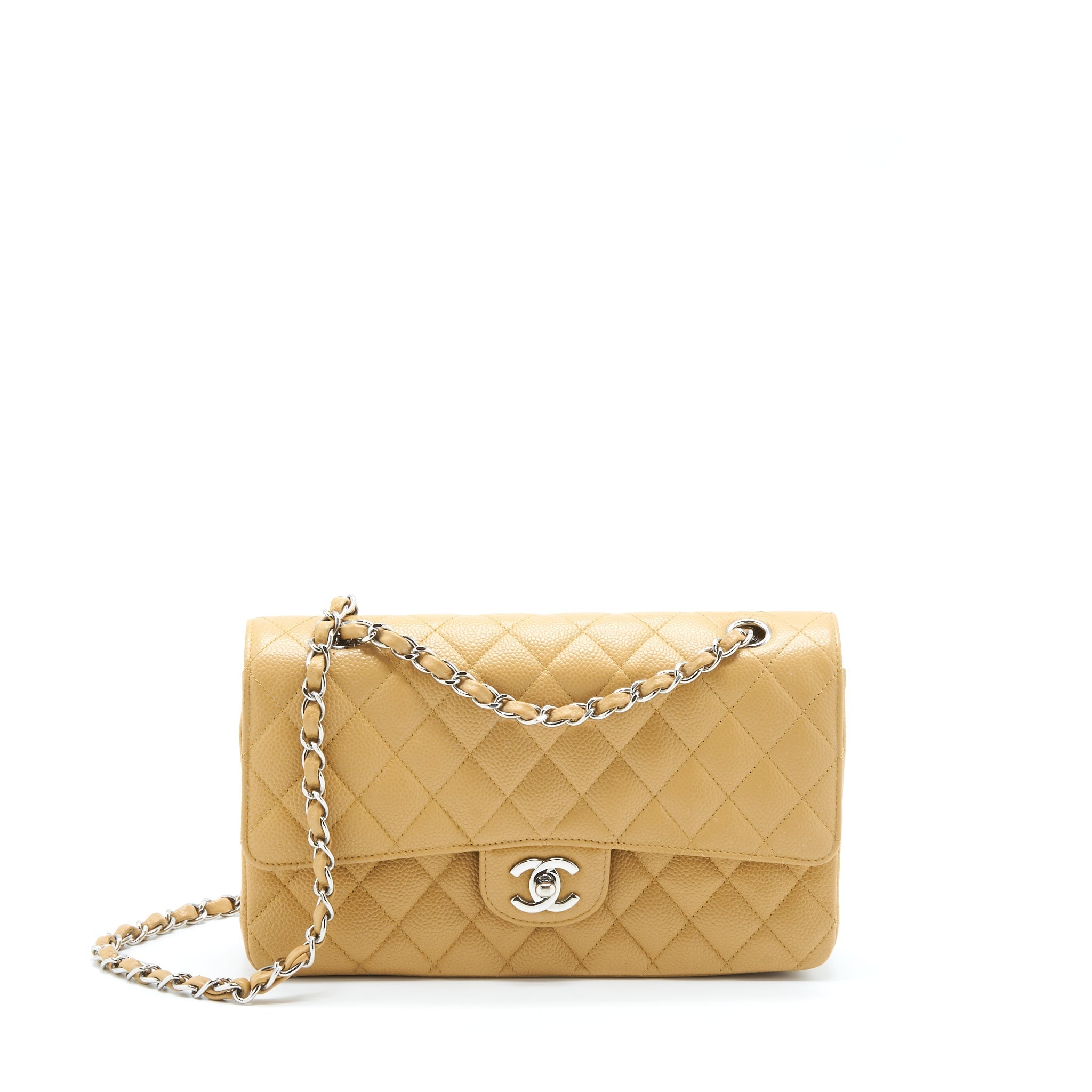 CHANEL MEDIUM CLASSIC DOUBLE FLAP BAG CAVIAR DARK BEIGE SHW