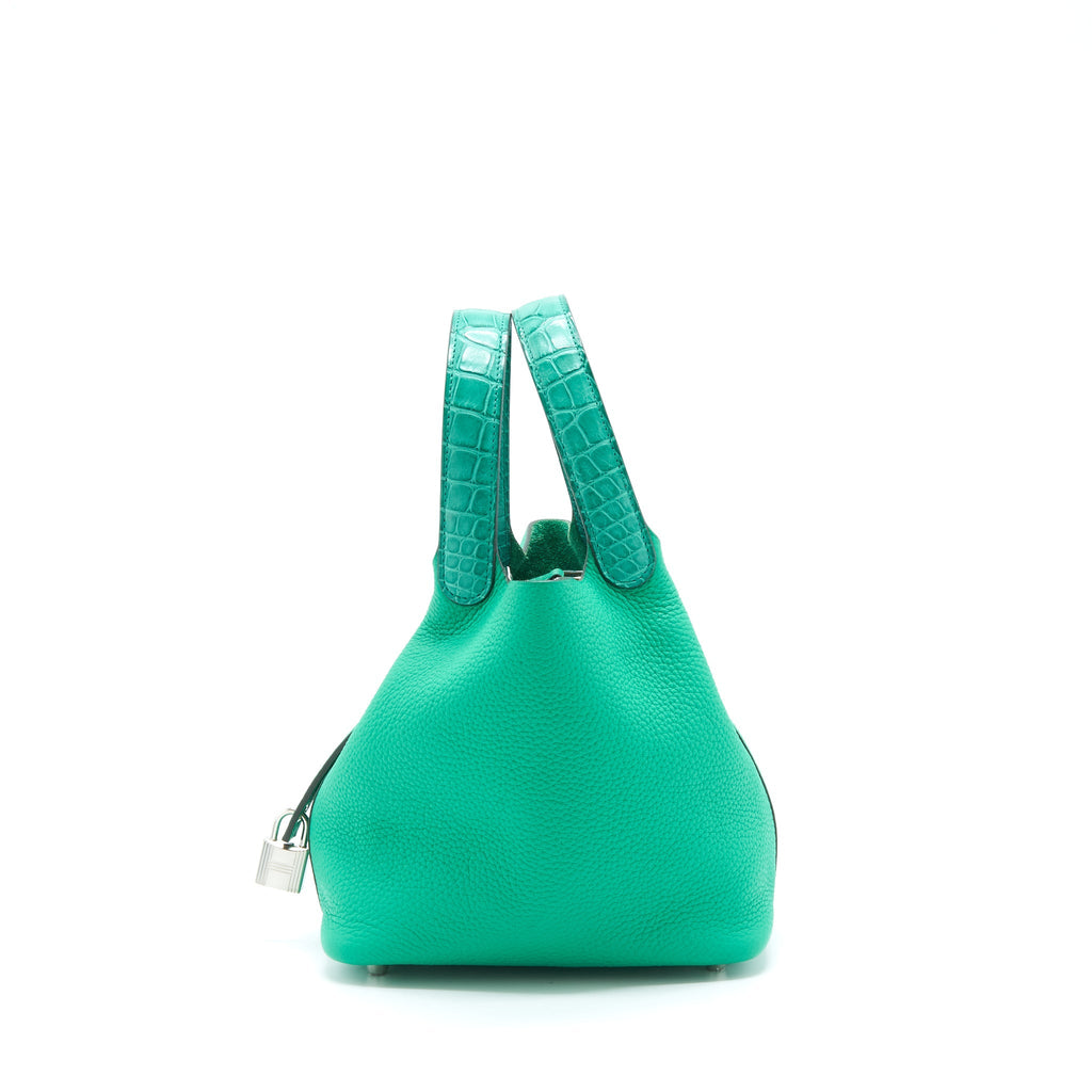 HERMES PICOTIN LOCK 18 TOUCH BAG CLEMENCE WITH ALLIGATOR HANDLE MENTHE/VERT JADE SHW