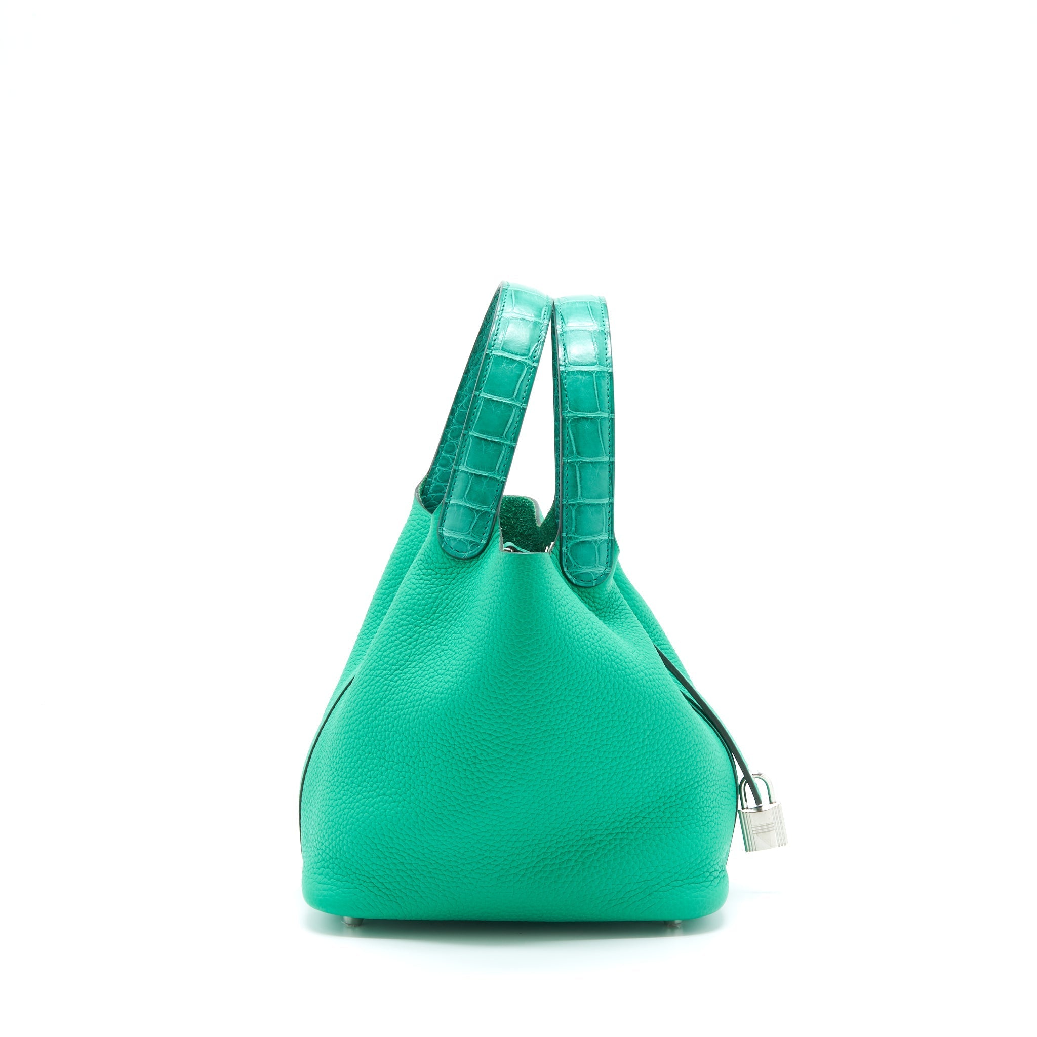 HERMES PICOTIN LOCK 18 TOUCH BAG CLEMENCE WITH ALLIGATOR HANDLE MENTHE/VERT JADE SHW