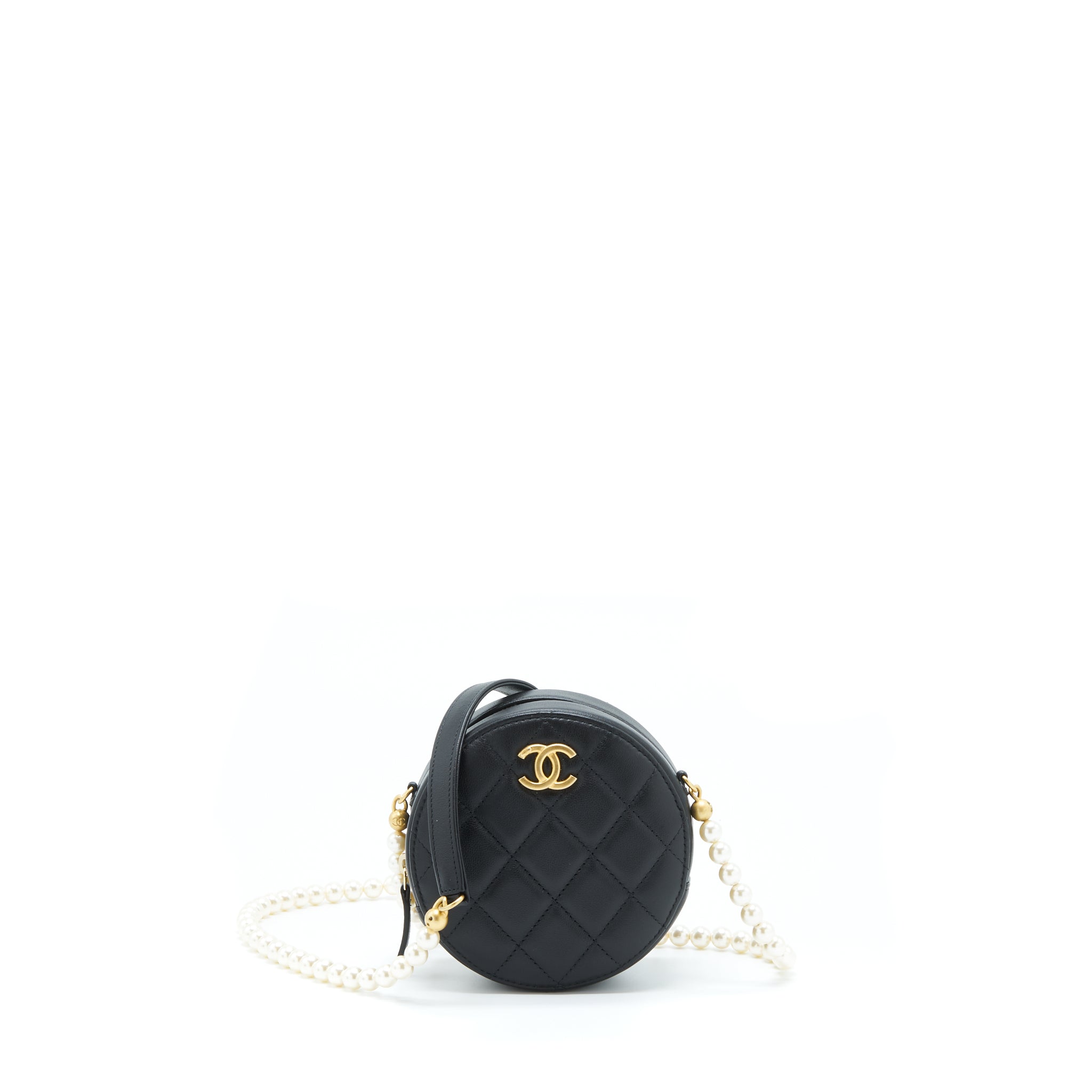 CHANEL PEARL ROUND CLUTCH WITH CHAIN CALFSKIN BLACK GHW