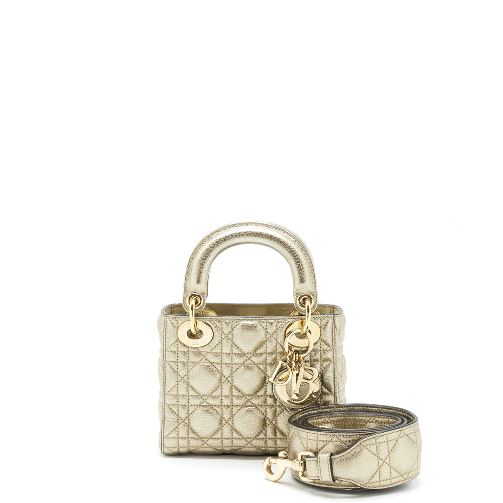 DIOR MINI LADY DIOR SUPPLE GRAINED CALFSKIN METALLIC GOLD LGHW