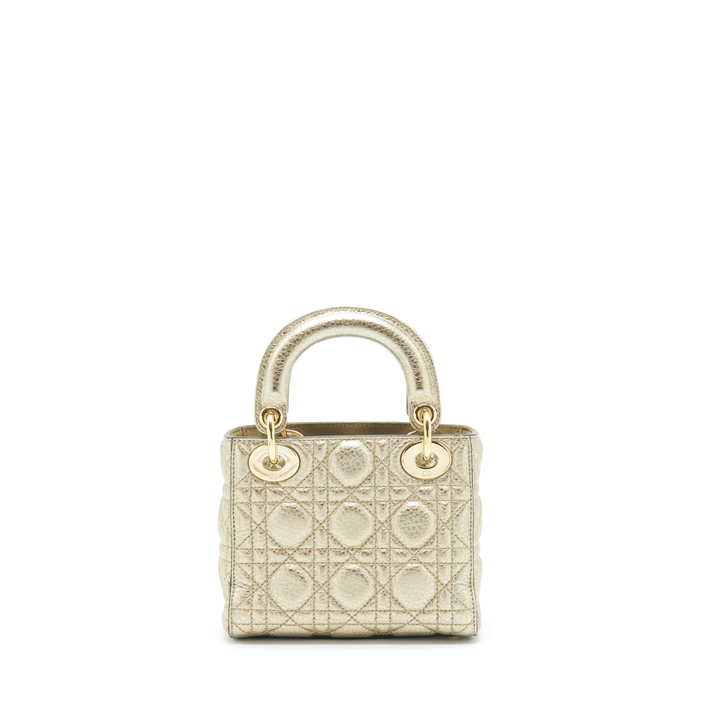 DIOR MINI LADY DIOR SUPPLE GRAINED CALFSKIN METALLIC GOLD LGHW