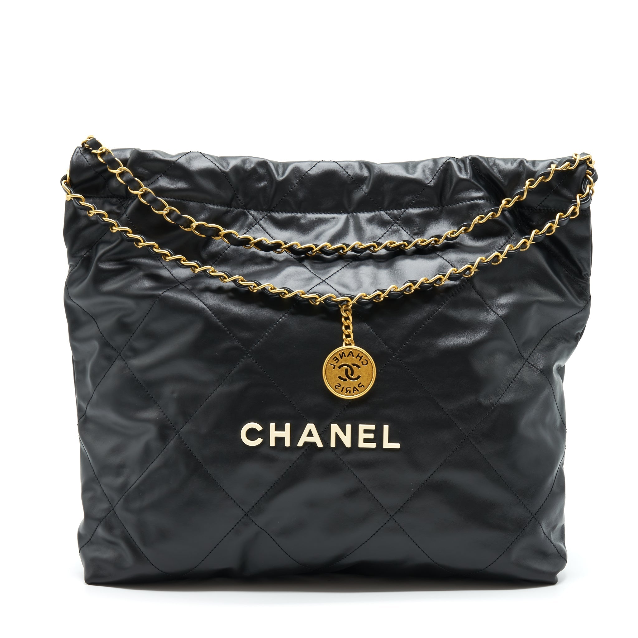 CHANEL 22 HANDBAG SHINY CALFSKIN BLACK GHW (MICROCHIP)