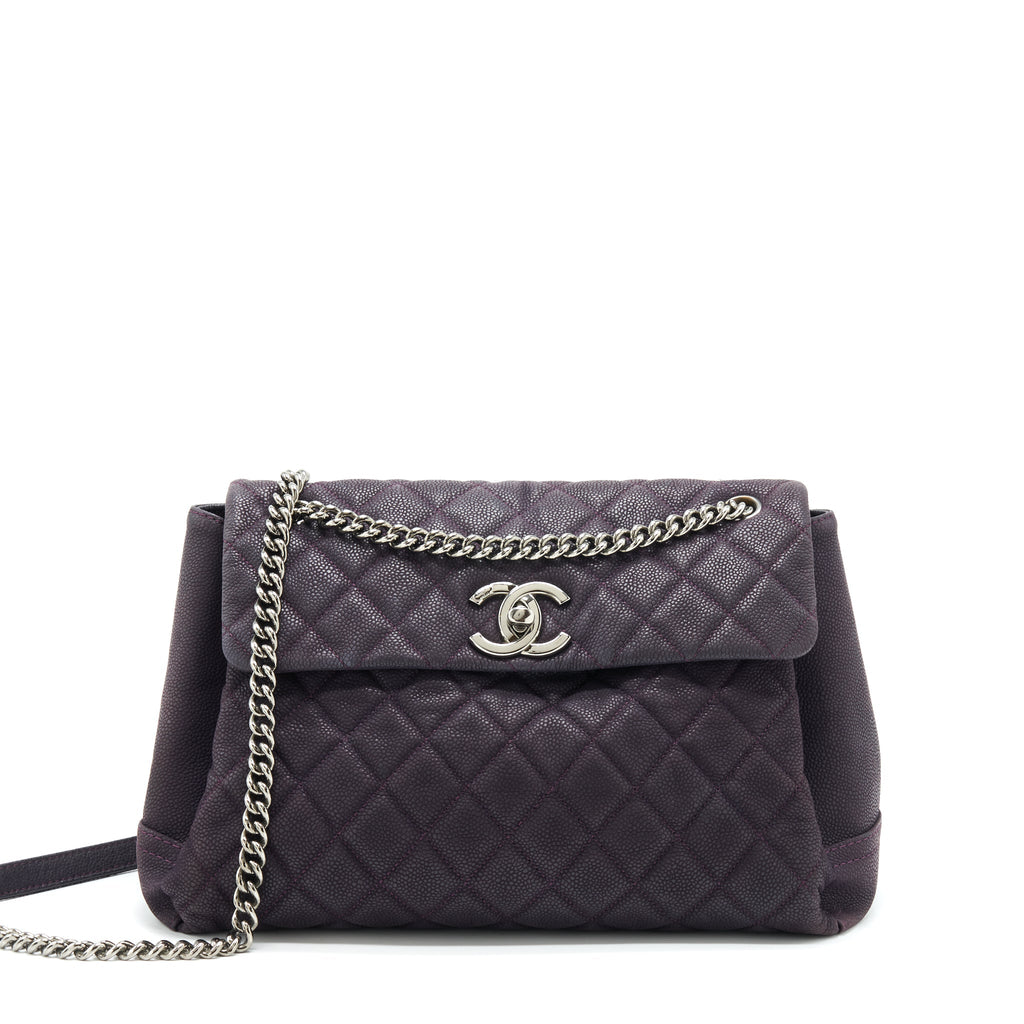 CHANEL FLAP TOTE BAG WITH CHAIN GRAINED CALFSKIN DARK PURPLE SHW