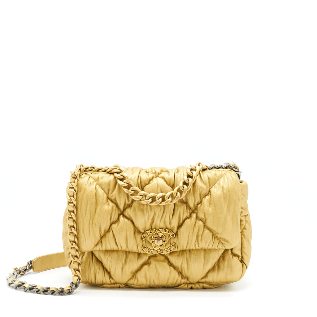 CHANEL SMALL 19 BAG LIMITED EDITION LAMBSKIN GOLD WITH GOLD/SILVER HARDWARE(MICROCHIP)