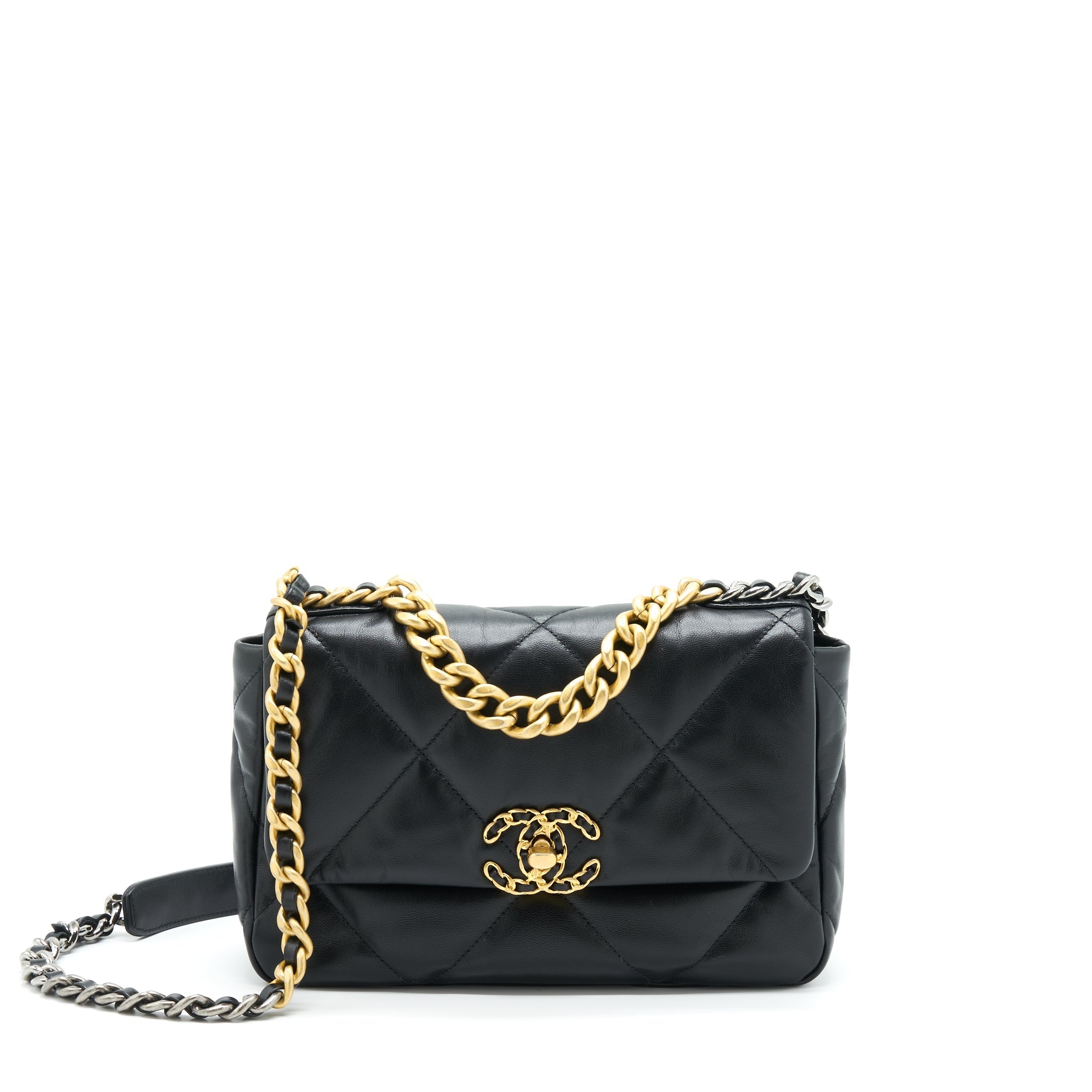 CHANEL SMALL 19 BAG GOATSKIN BLACK WITH GOLD/SLIVER HARDWARE