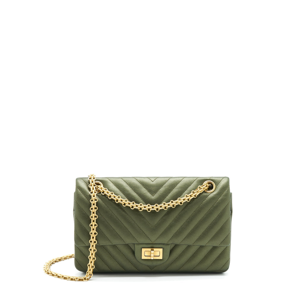 CHANEL SMALL 2.55 REISSUE FLAP BAG CALFSKIN DARK GREEN BRUSHED GOLD HARDWARE