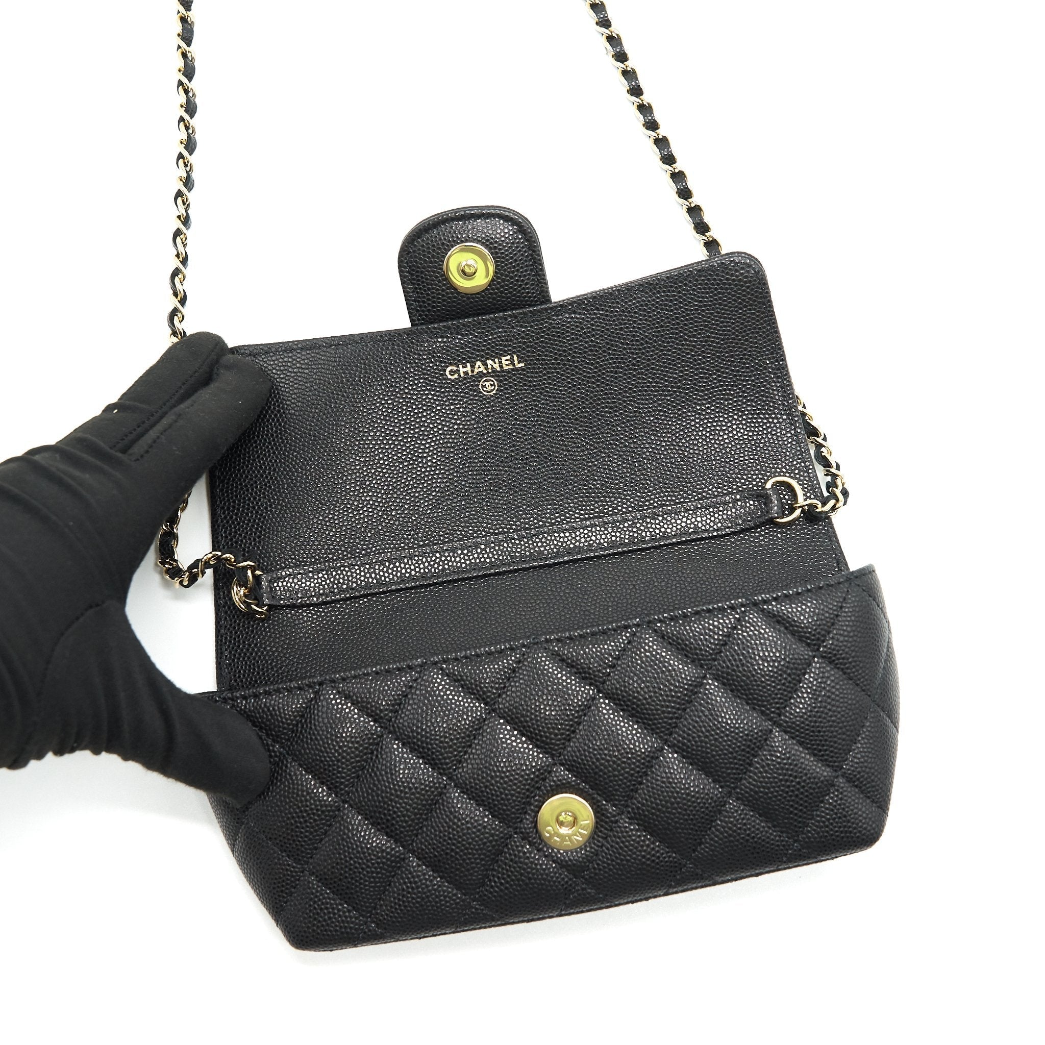 CHANEL GLASSES CASE WITH CHAIN CAVIAR BLACK LGHW