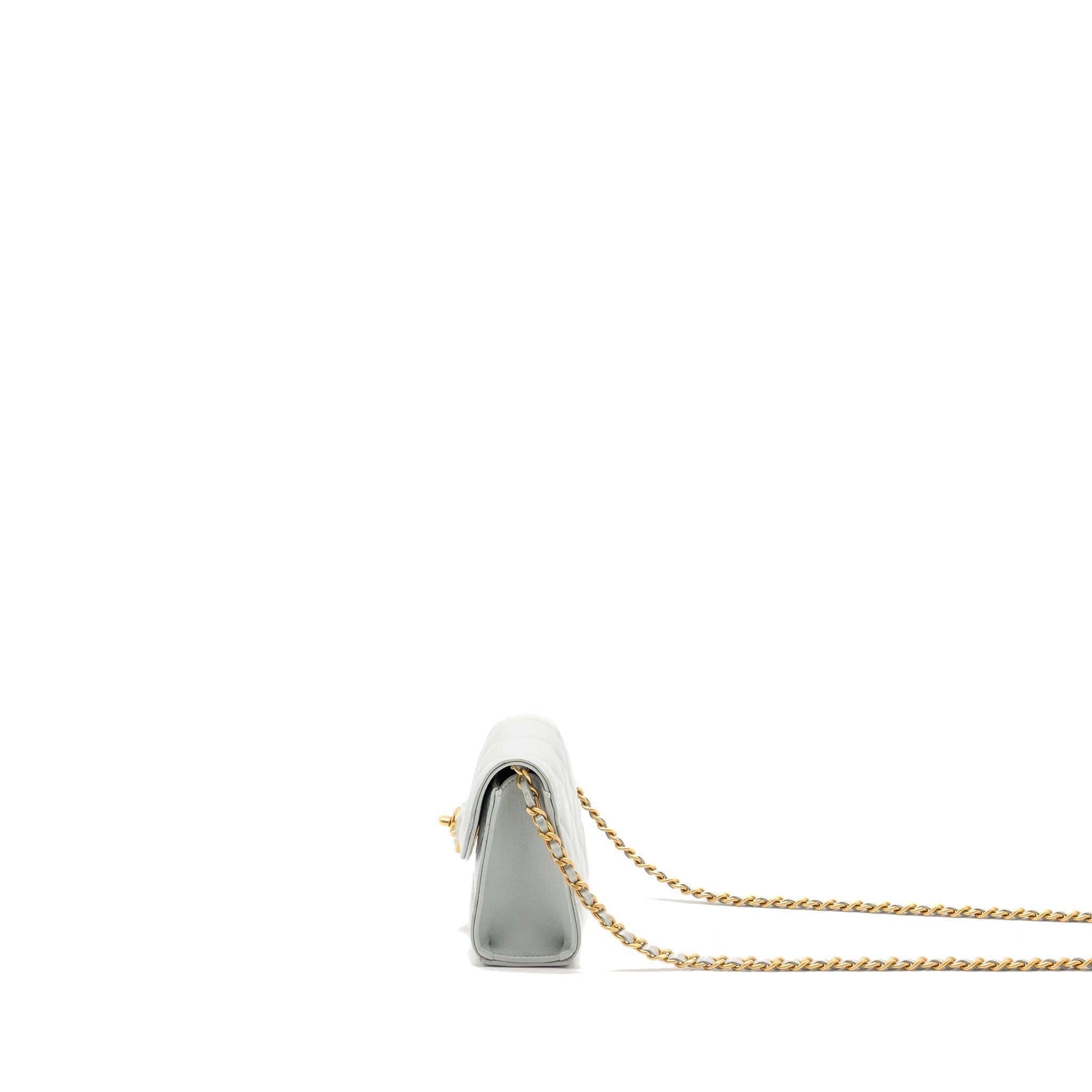 CHANEL CC ENAMEL HEART MINI FLAP CLUTCH WITH CHAIN LAMBSKIN LIGHT GREY GHW