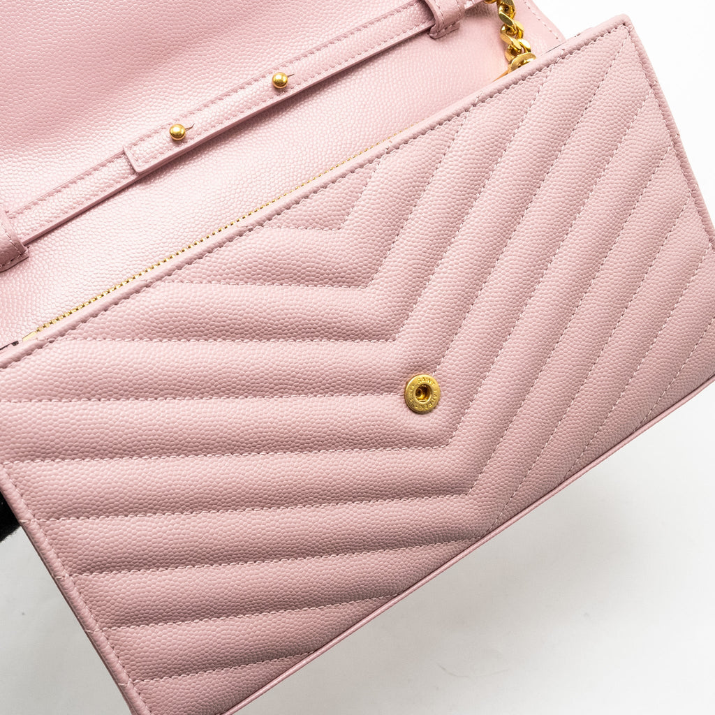 SAINT LAURENT / YSL CASSANDRE MATELASSE WALLET ON CHAIN GRAINED CALFSKIN PINK GHW