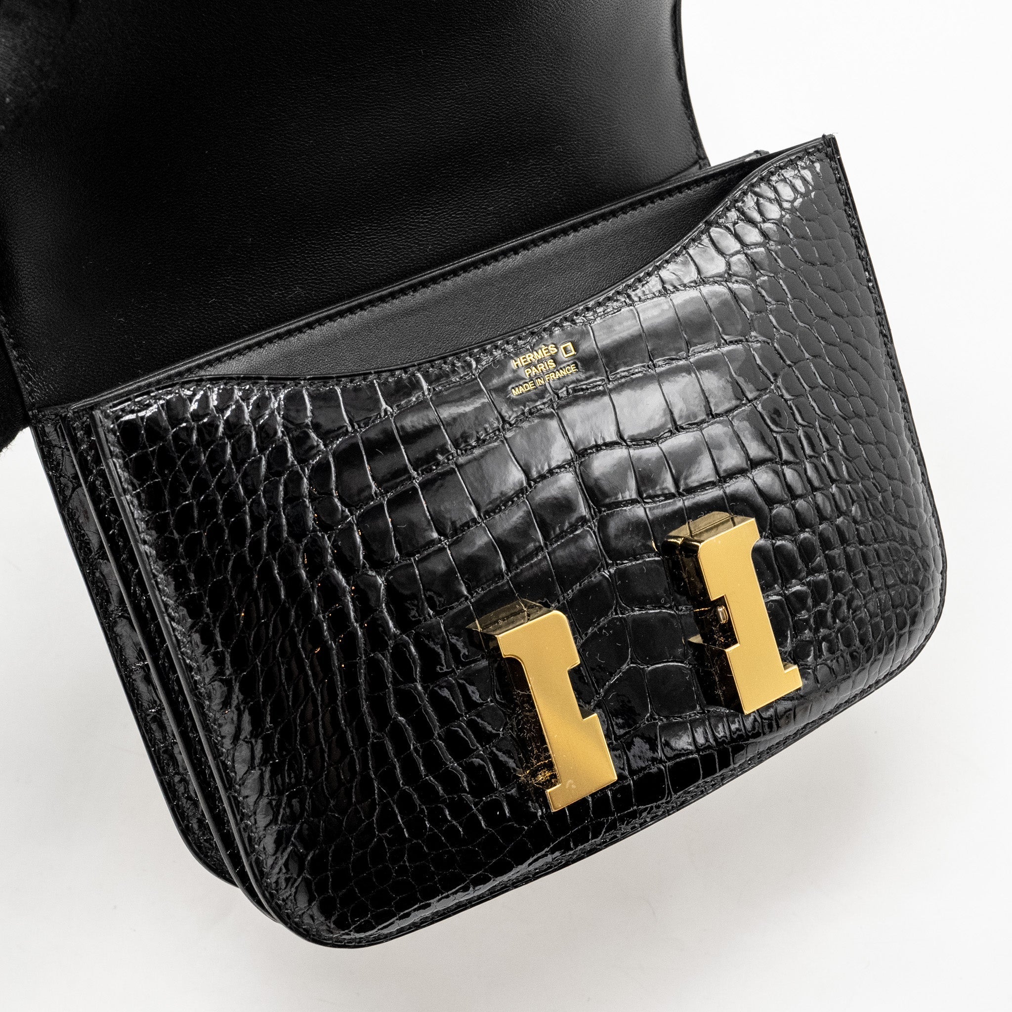 HERMES MINI CONSTANCE SHINY ALLIGATOR MISSISSIPPIENS BLACK GHW