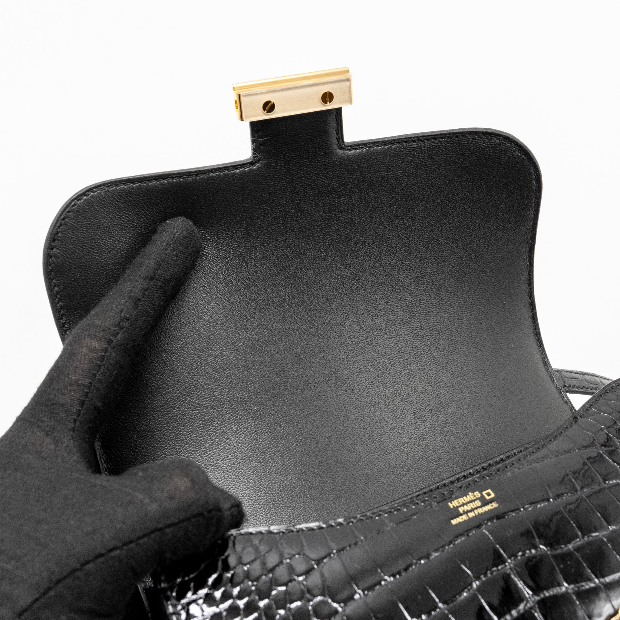 HERMES MINI CONSTANCE SHINY ALLIGATOR MISSISSIPPIENS BLACK GHW