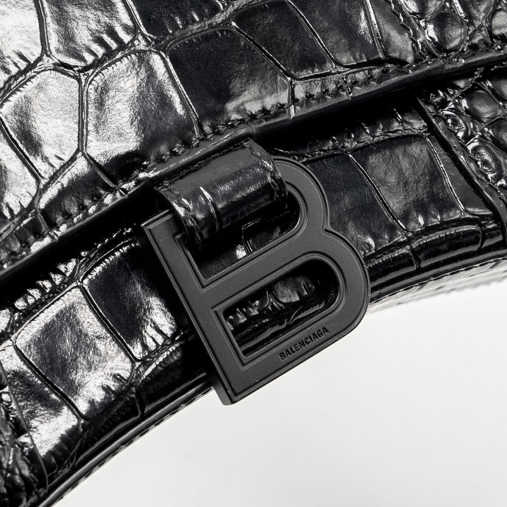 BALENCIAGA XS HOURGLASS CROC-EMBOSSED CALFSKIN SO BLACK