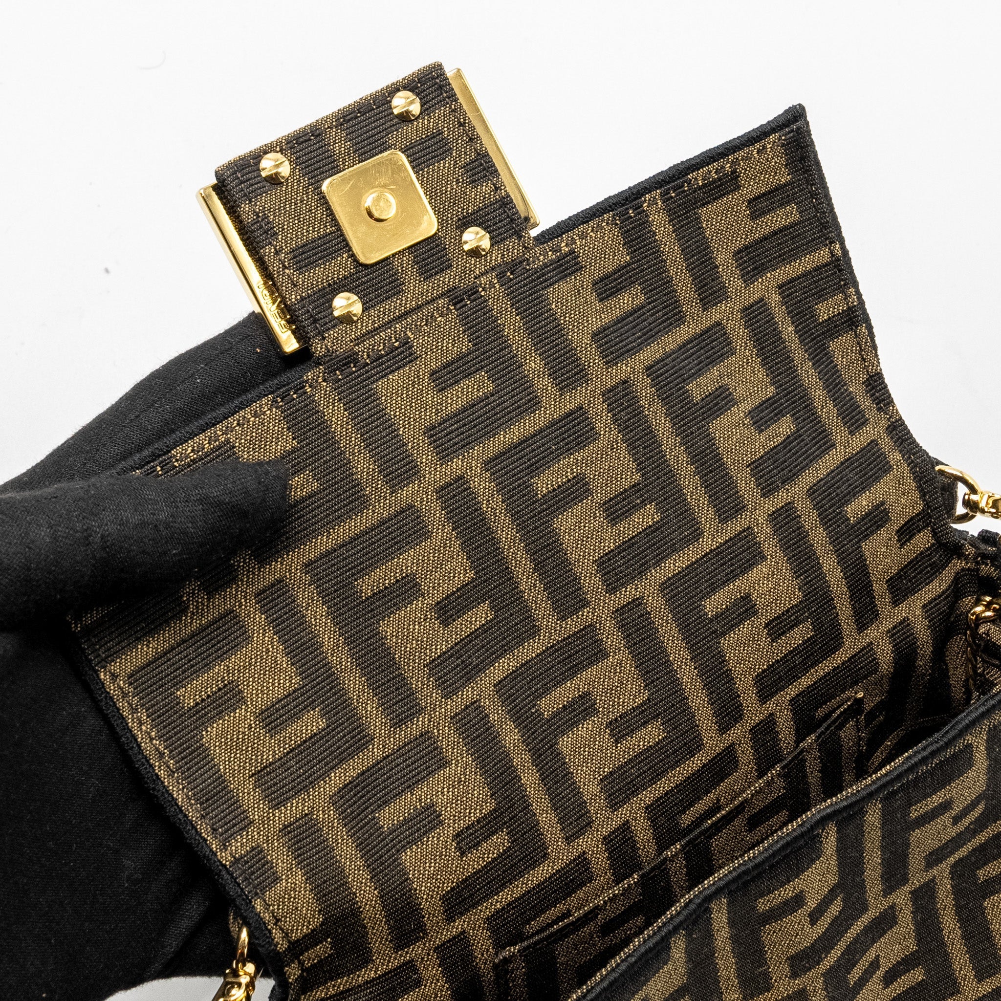 FENDI MINI BAGUETTE BAG FF JACQUARD FABRIC BROWN GHW