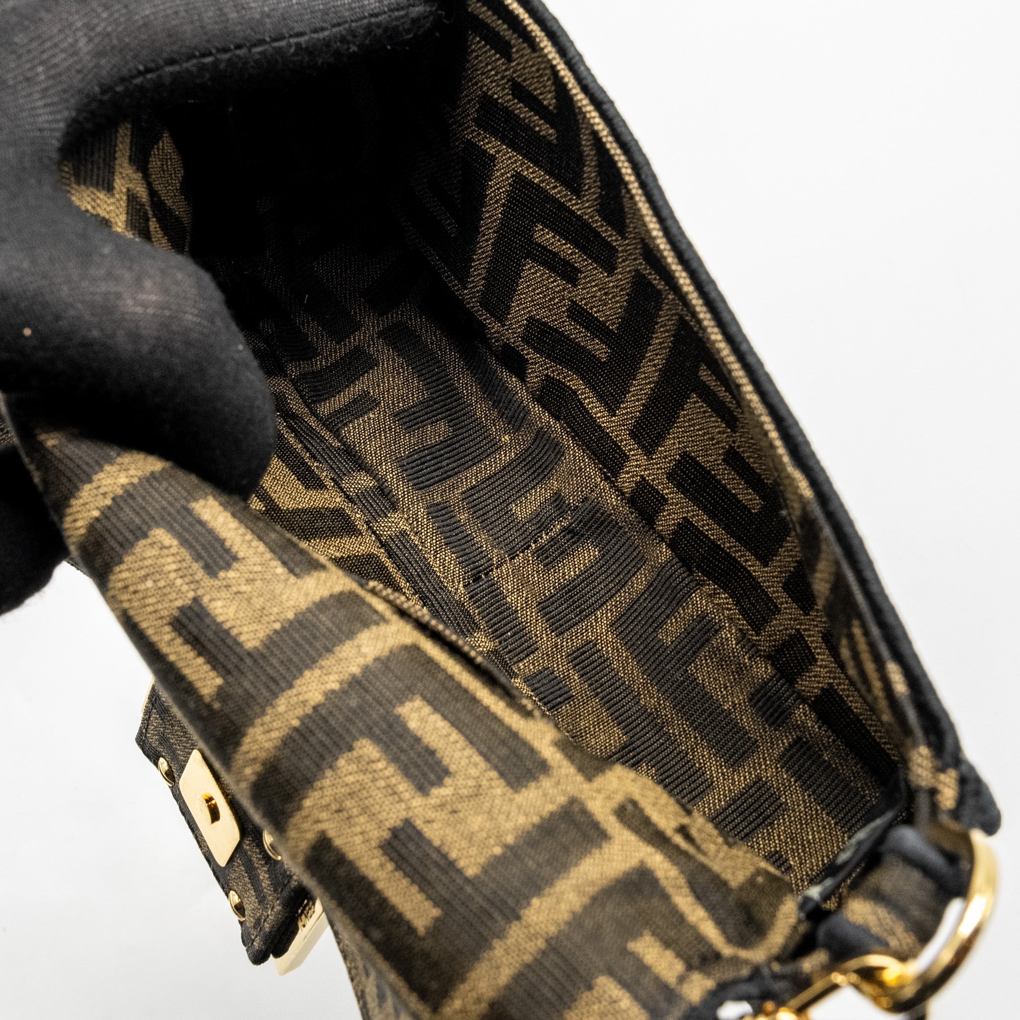 FENDI MINI BAGUETTE BAG FF JACQUARD FABRIC BROWN GHW