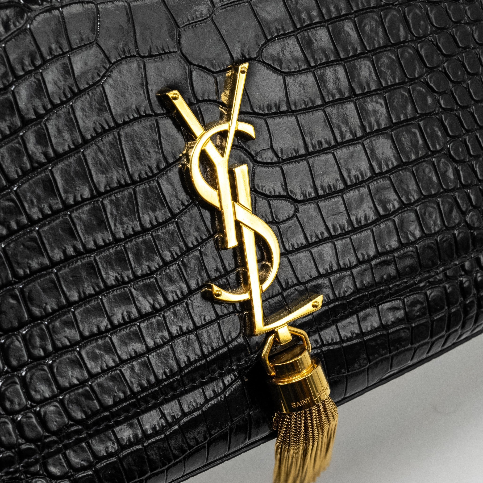 SAINT LAURENT/YSL KATE TASSEL BAG CROC-EMBOSSED CALFSKIN BLACK GHW