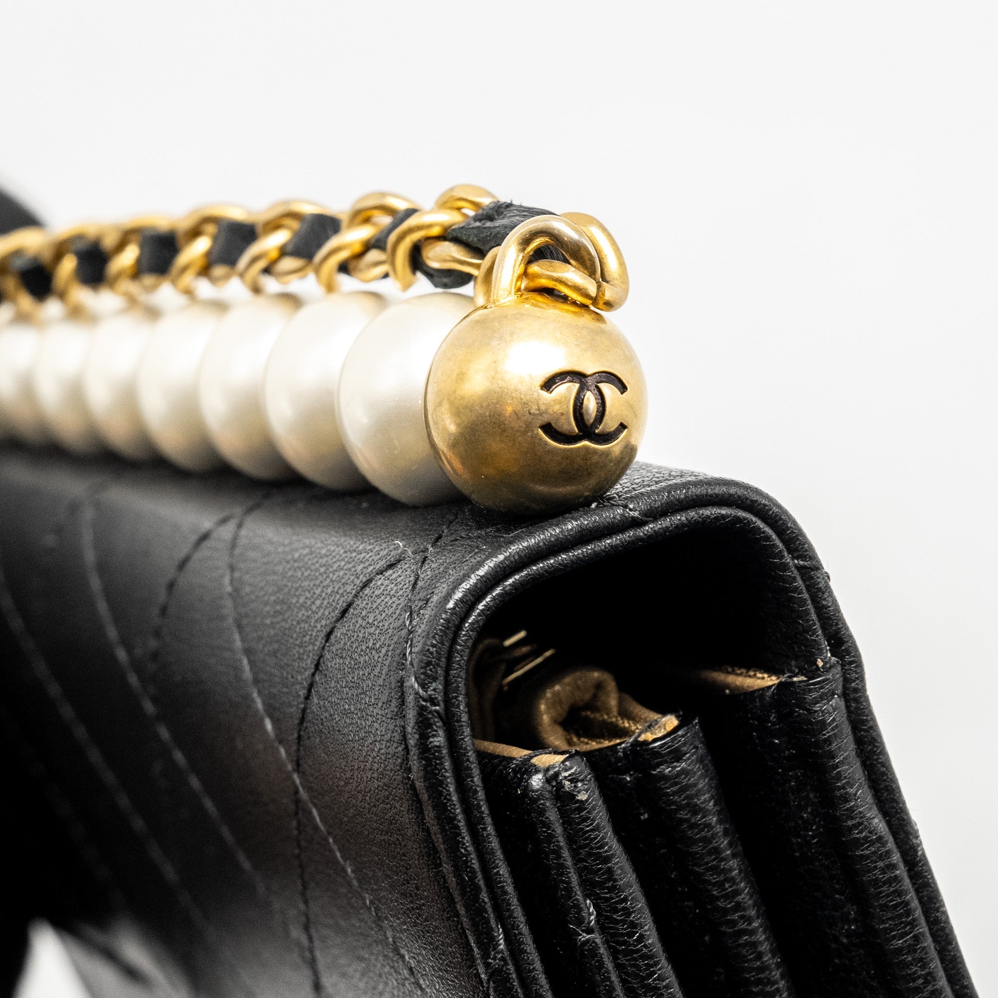 CHANEL QUILTED PEARL LONG WALLET ON CHAIN GOATSKIN BLACK GHW