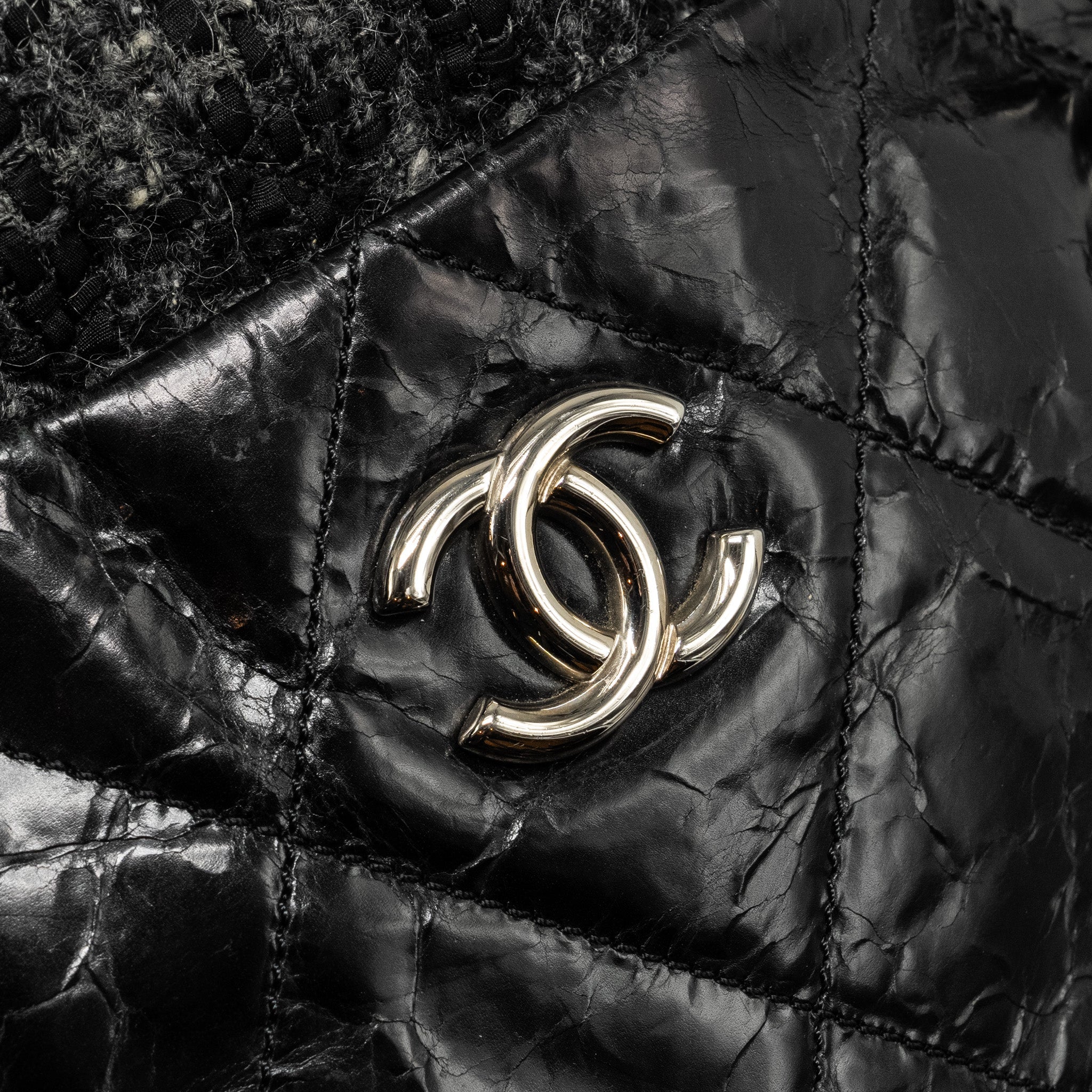 CHANEL PORTOBELLO TOTE BAG CALFSKIN/TWEED BLACK/GREY SHW