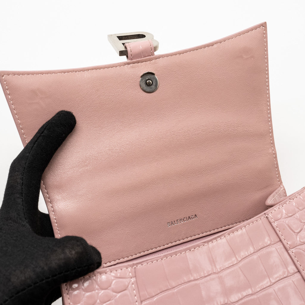 BALENCIAGA HOURGLASS S CROC-EMBOSSED CALFSKIN PINK SHW