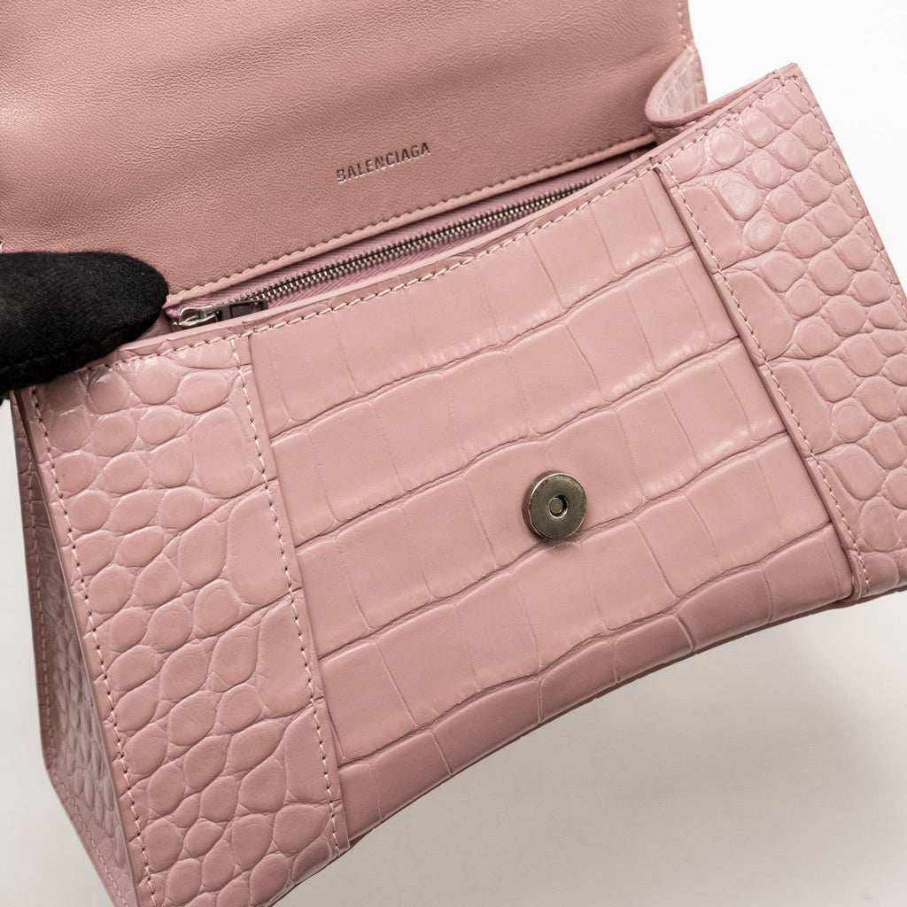 BALENCIAGA HOURGLASS S CROC-EMBOSSED CALFSKIN PINK SHW