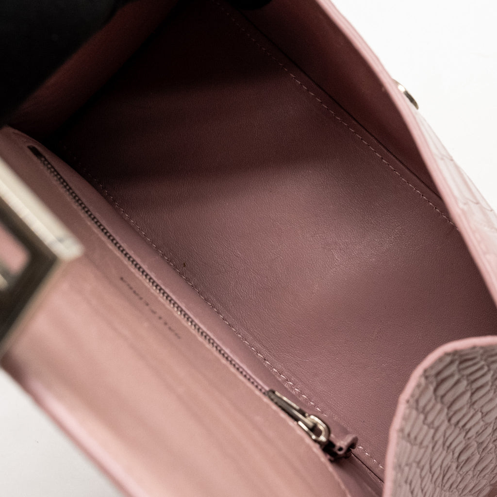 BALENCIAGA HOURGLASS S CROC-EMBOSSED CALFSKIN PINK SHW