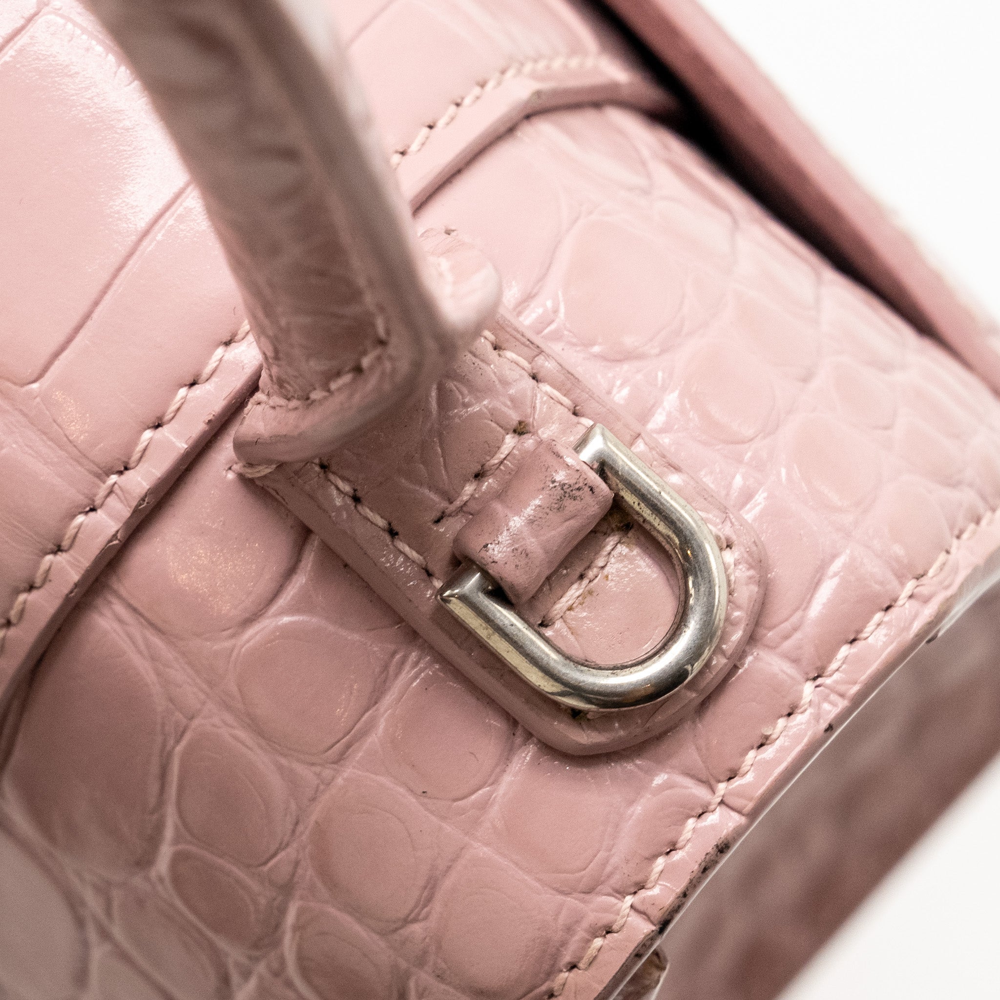 BALENCIAGA HOURGLASS S CROC-EMBOSSED CALFSKIN PINK SHW