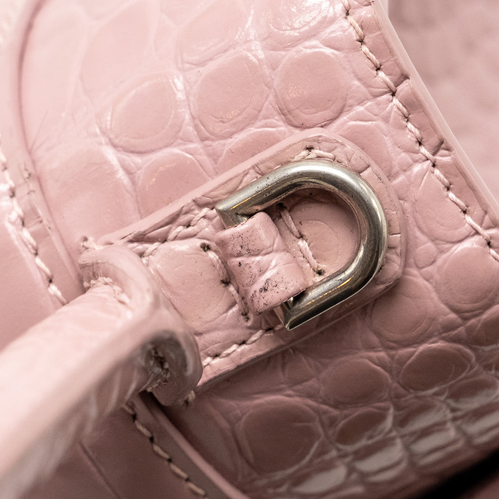 BALENCIAGA HOURGLASS S CROC-EMBOSSED CALFSKIN PINK SHW