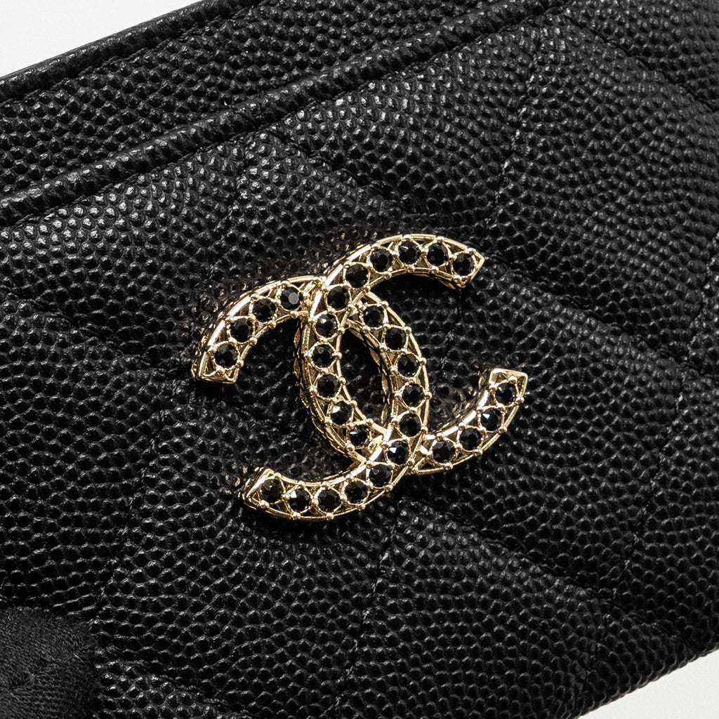 CHANEL DETAIL CC LOGO CARD HOLDER CAVIAR BLACK LGHW(MICROCHIP)