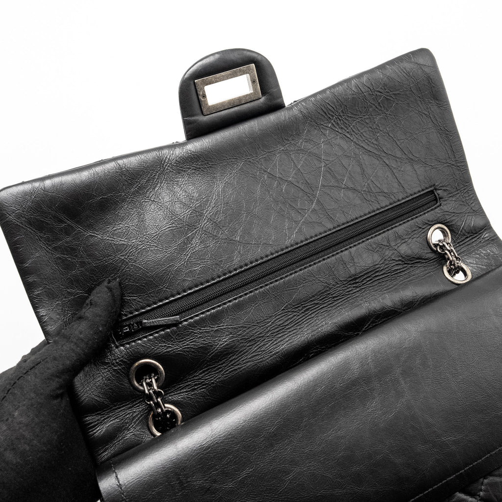 CHANEL 2.55 227 REISSUE FLAP BAG AGED CALFSKIN BLACK RUTHENIUM HARDWARE