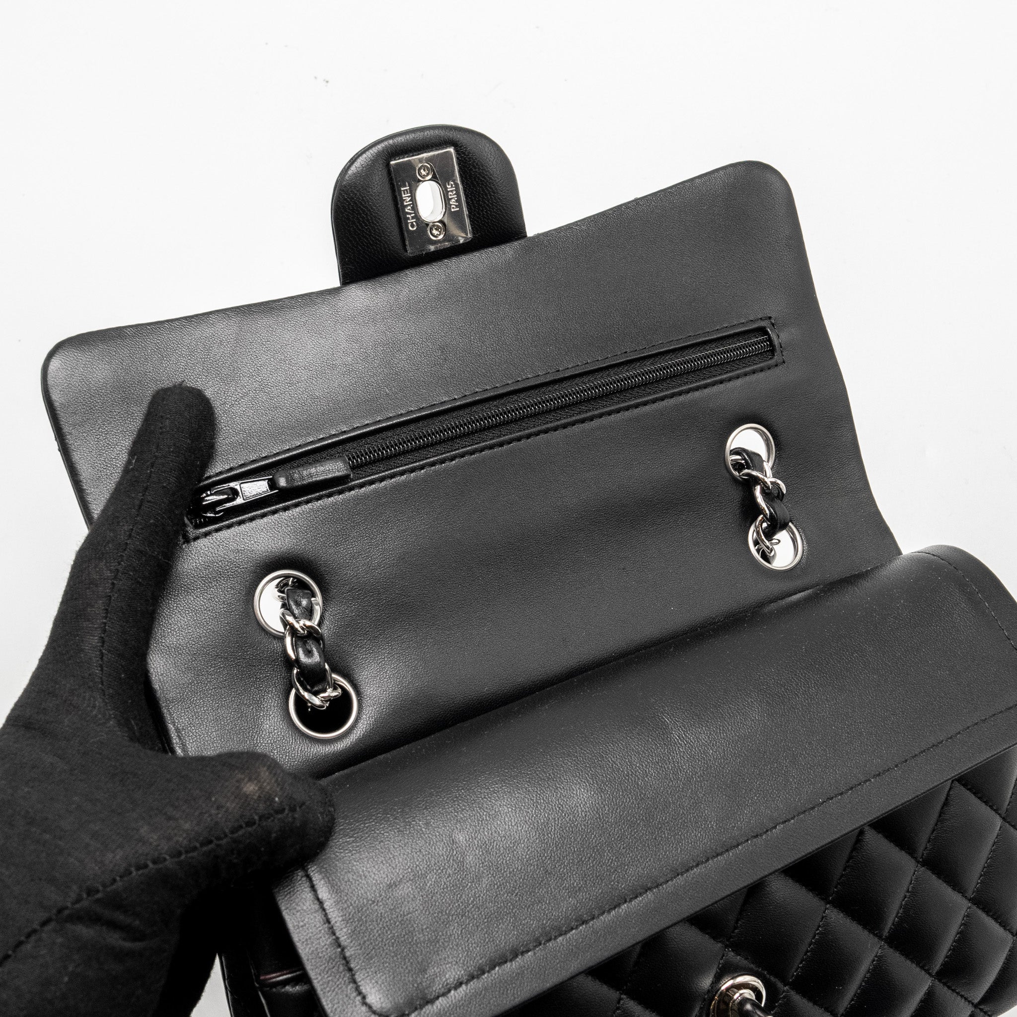 CHANEL SMALL CLASSIC DOUBLE FLAP BAG LAMBSKIN BLACK SHW (MICROCHIP)