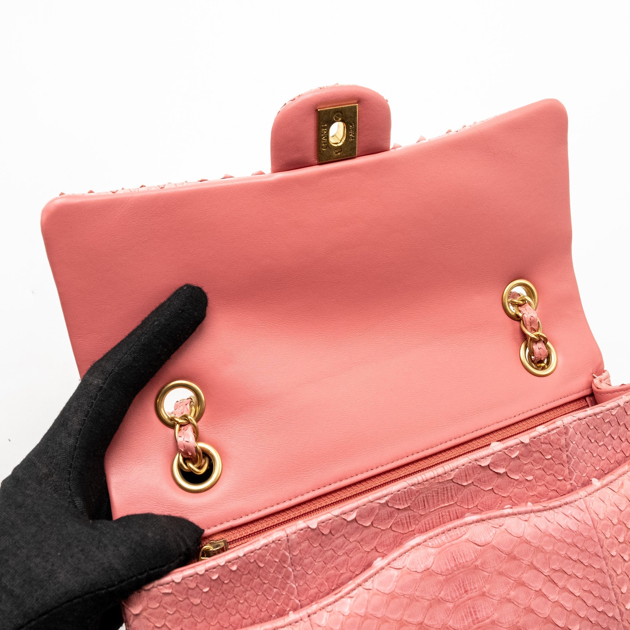 CHANEL MEDIUM FLAP BAG WITH DETAILED CHARMS PYTHON PINK GHW