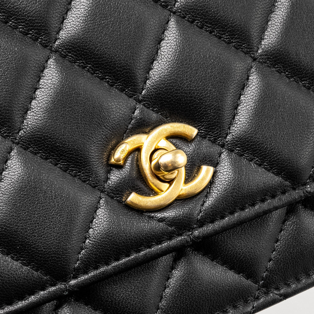 CHANEL PEARL CRUSH WALLET ON CHAIN LAMBSKIN BLACK GHW (MICROCHIP)