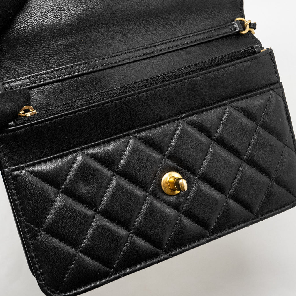 CHANEL PEARL CRUSH WALLET ON CHAIN LAMBSKIN BLACK GHW (MICROCHIP)