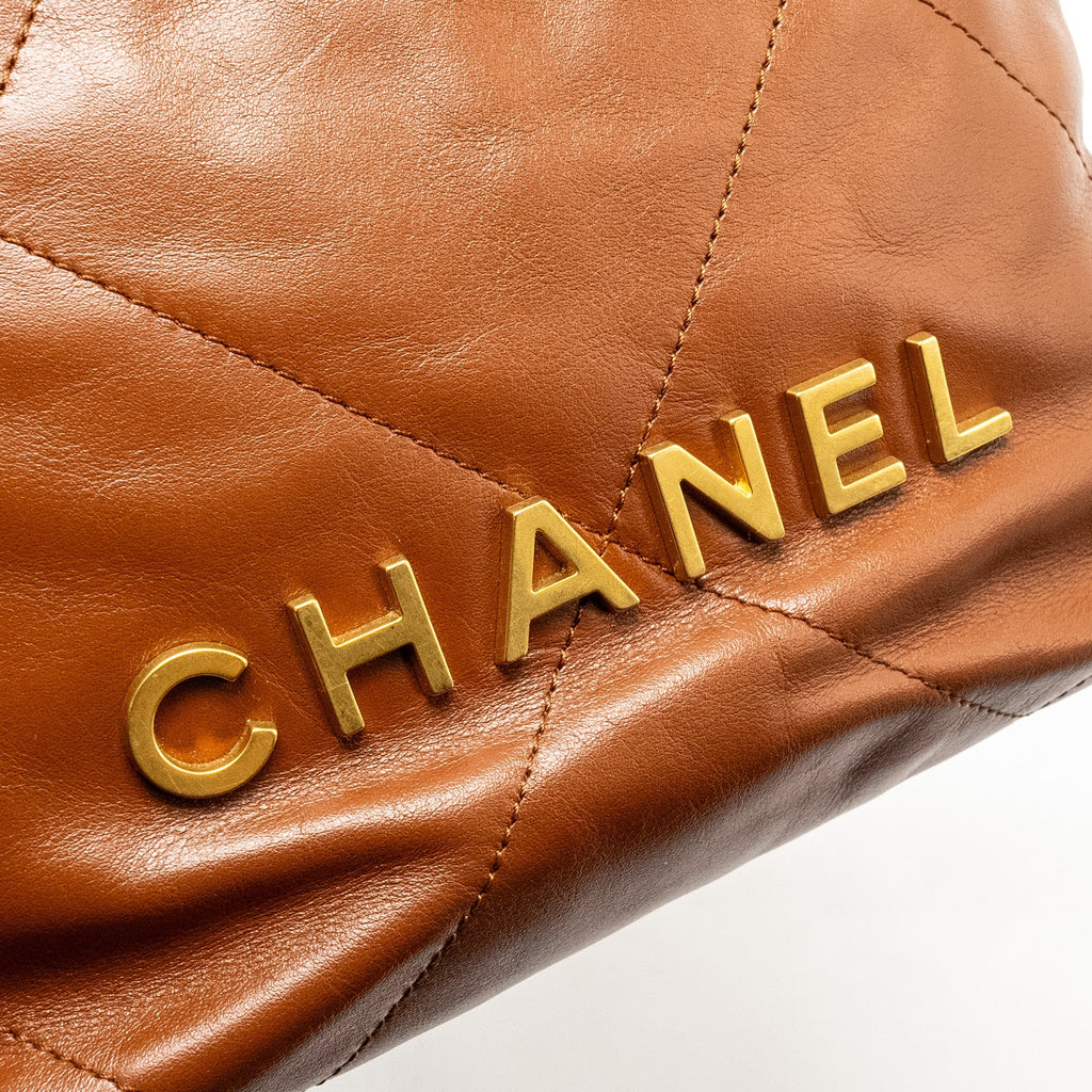 CHANEL MINI 22 BAG SHINY CALFSKIN CARAMEL GHW (MICROCHIP)