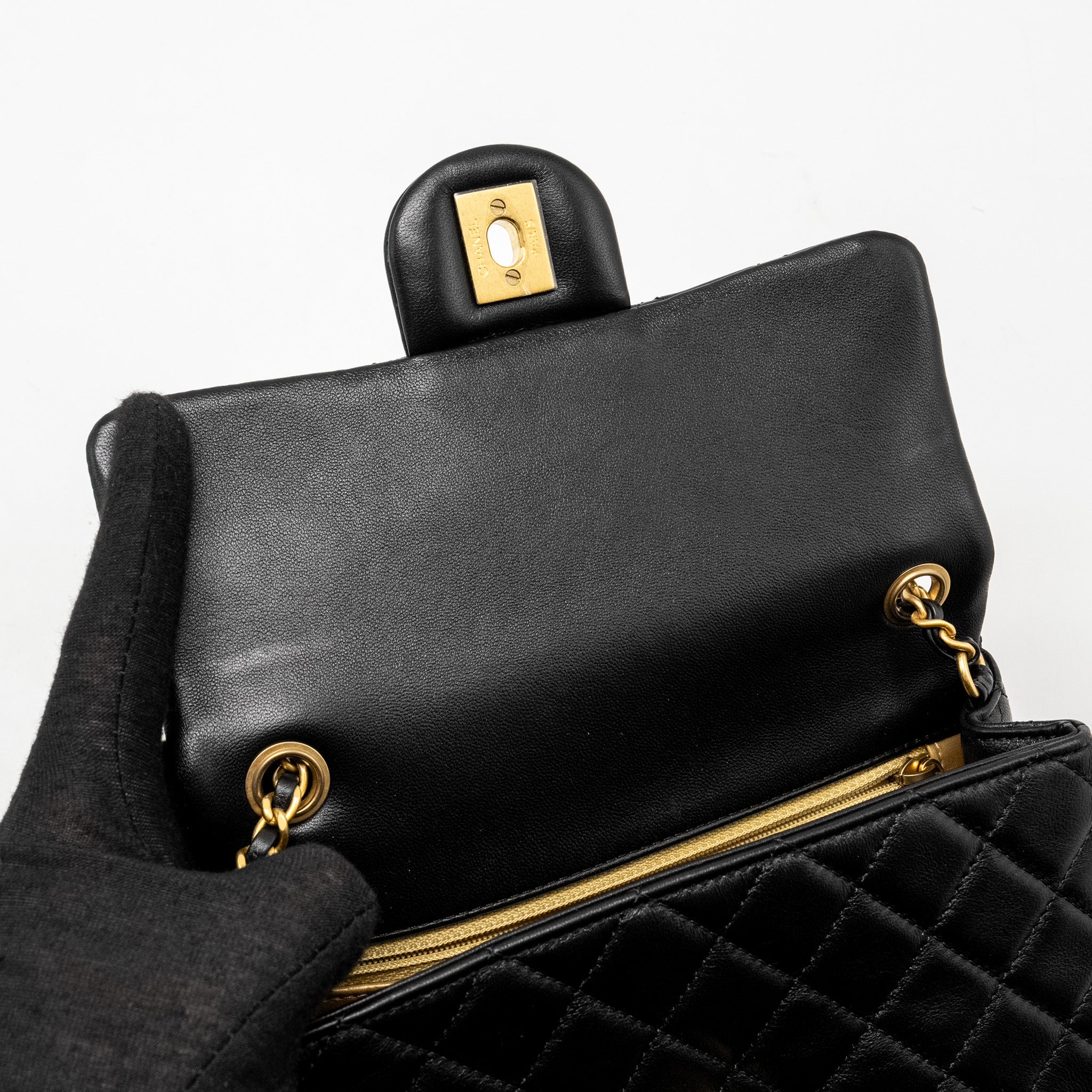 CHANEL PEARL CRUSH MINI RECTANGULAR FLAP BAG LAMBSKIN BLACK GHW (MICROCHIP)