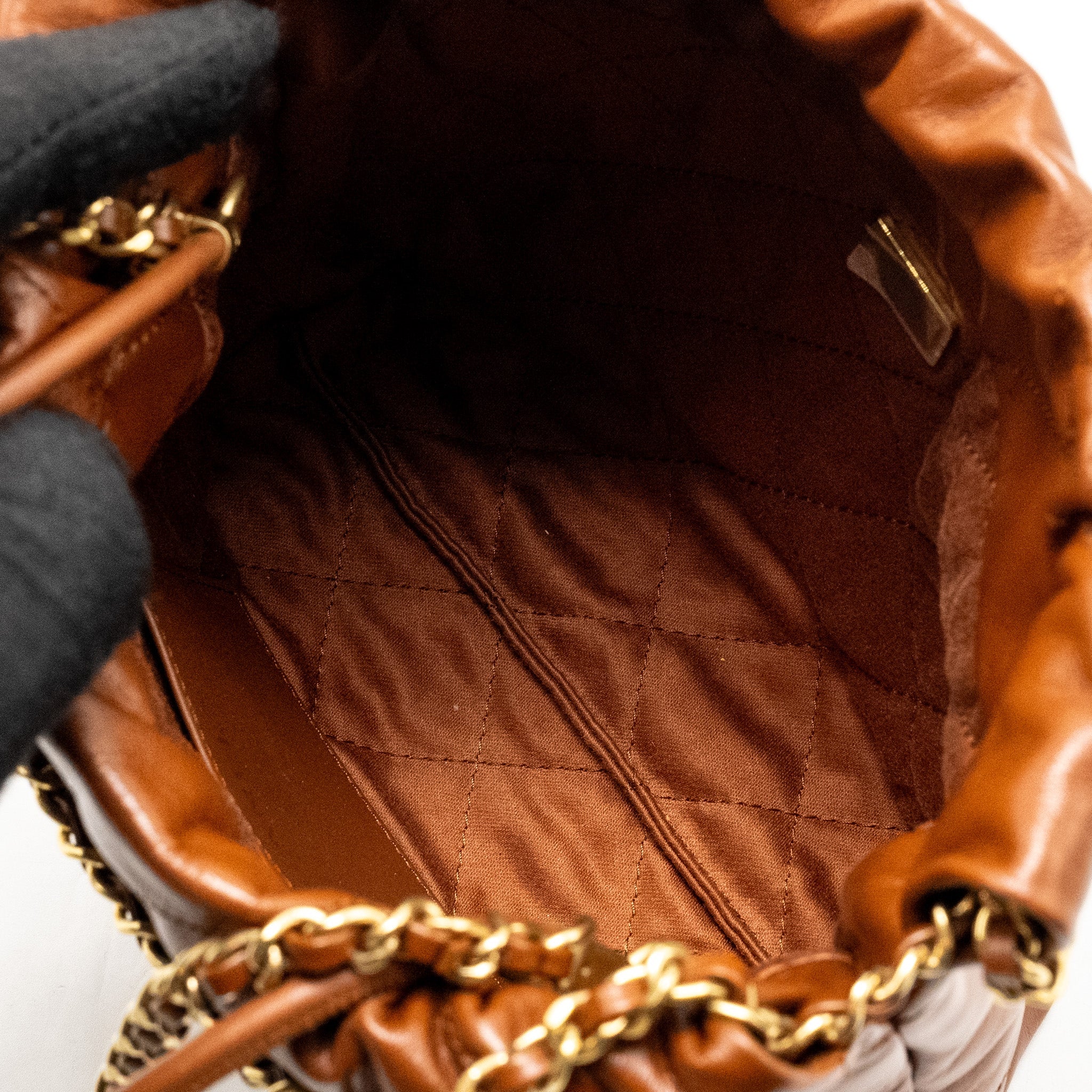 CHANEL MINI 22 BAG SHINY CALFSKIN CARAMEL GHW (MICROCHIP)