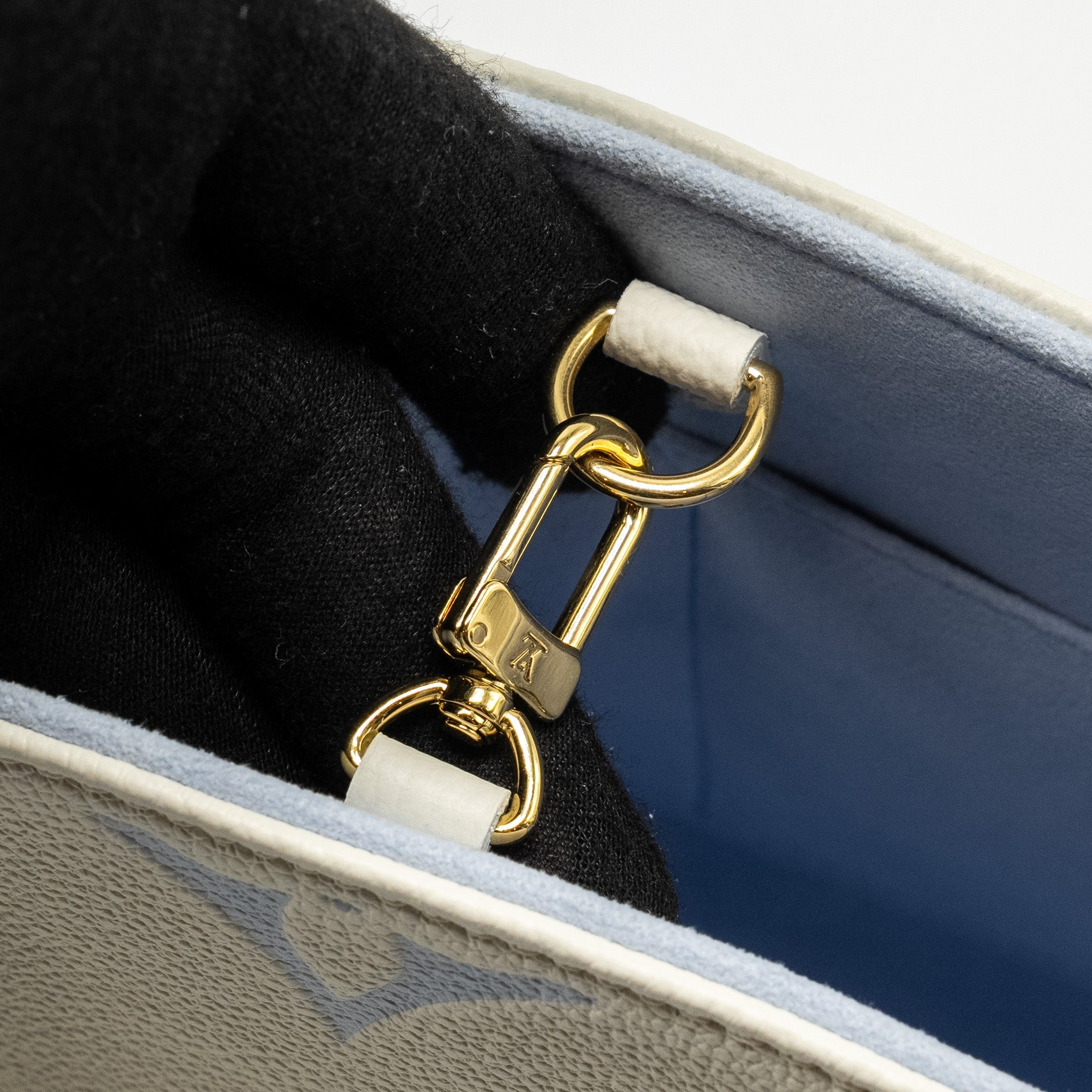 LOUIS VUITTON ONTHEGO PM BICOLOUR MONOGRAM EMPREINTE LATTE/CANDY BLUE GHW