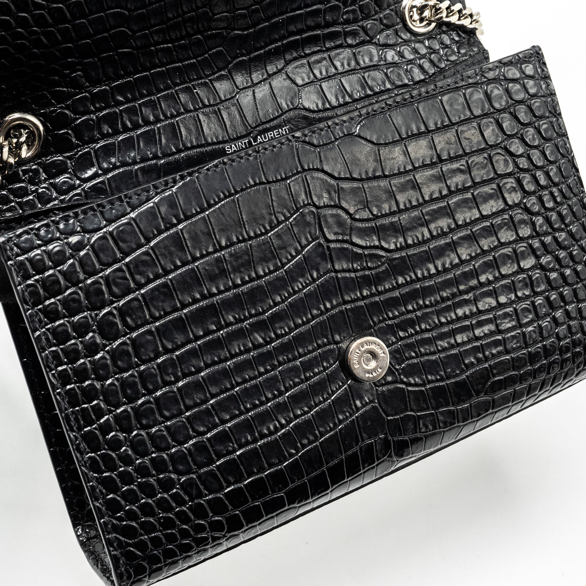 SAINT LAURENT /YSL KATE SMALL CHAIN WALLET WITH TASSEL IN CROCODILE-EMBOSSED BLACK SHW