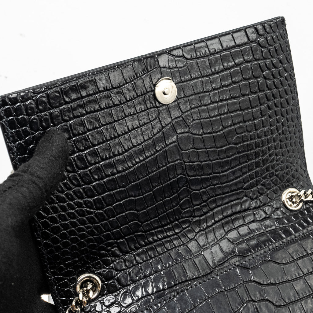 SAINT LAURENT /YSL KATE SMALL CHAIN WALLET WITH TASSEL IN CROCODILE-EMBOSSED BLACK SHW