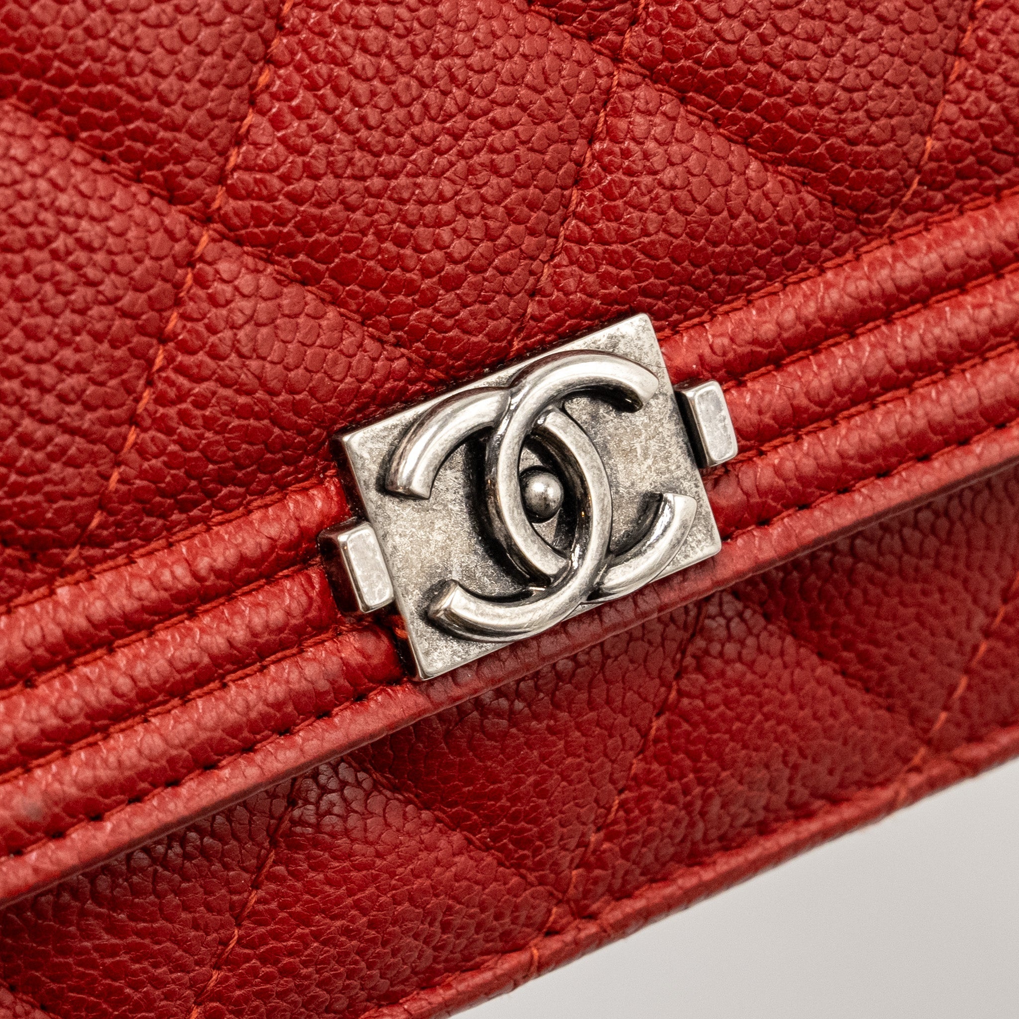 CHANEL BOY WALLET ON CHAIN CAVIAR RED RUTHENIUM SILVER HARDWARE