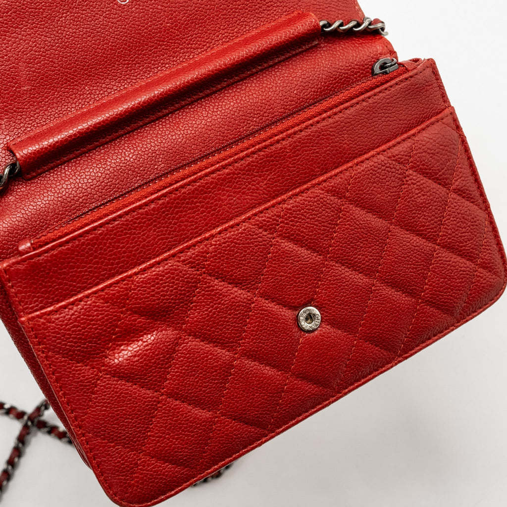 CHANEL BOY WALLET ON CHAIN CAVIAR RED RUTHENIUM SILVER HARDWARE